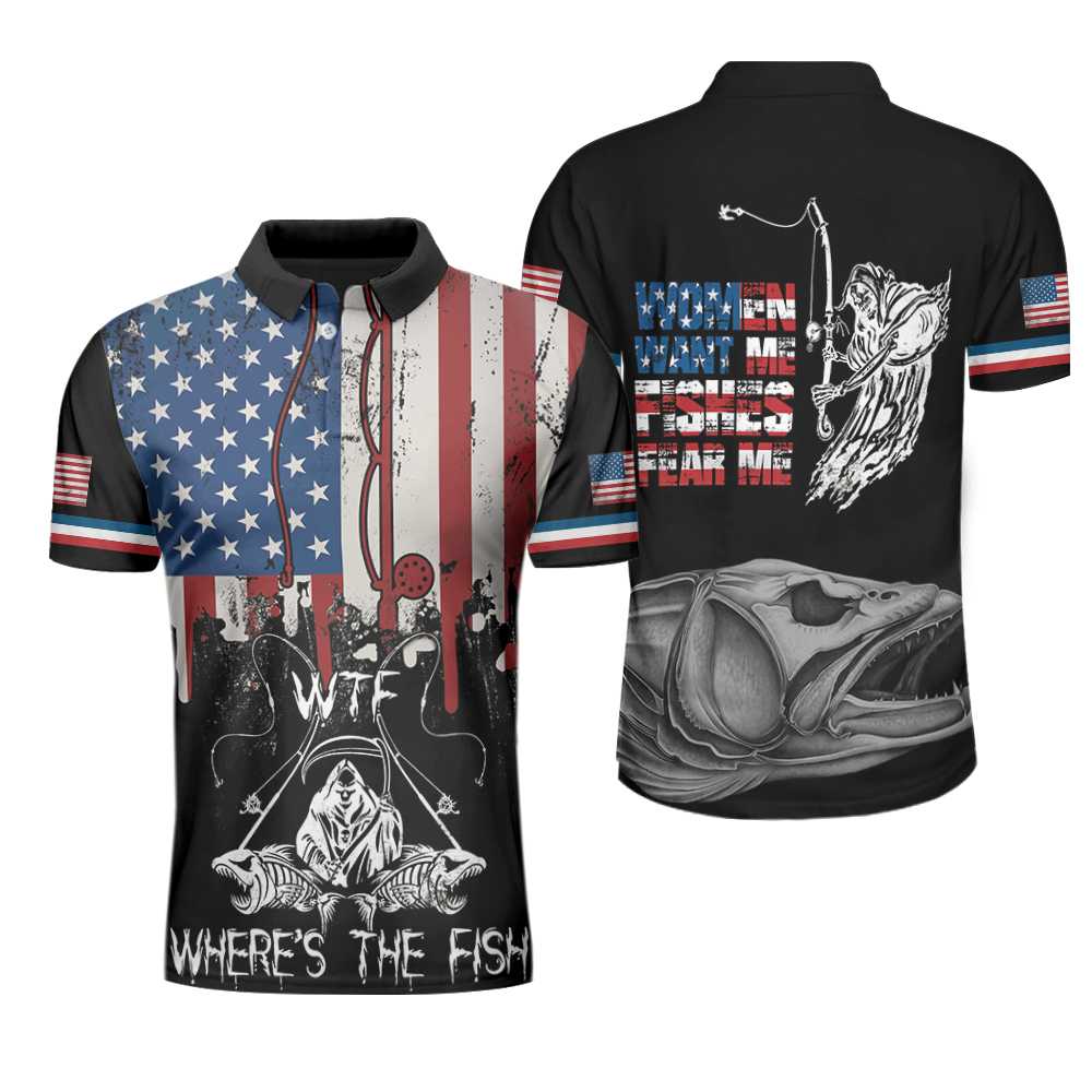 Woman Want Me Fishes Fear Me Black Version Polo Shirt, Fish Skeleton Reaper American Flag Polo Shirt, Best Fishing Shirt For Men