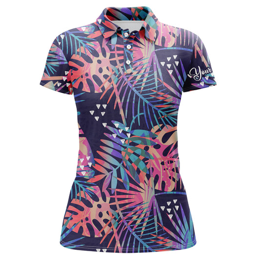 Women Golf Polo Shirt Pink Tropical Pattern Custom Name Love Golf Polo Shirts Gift For Women