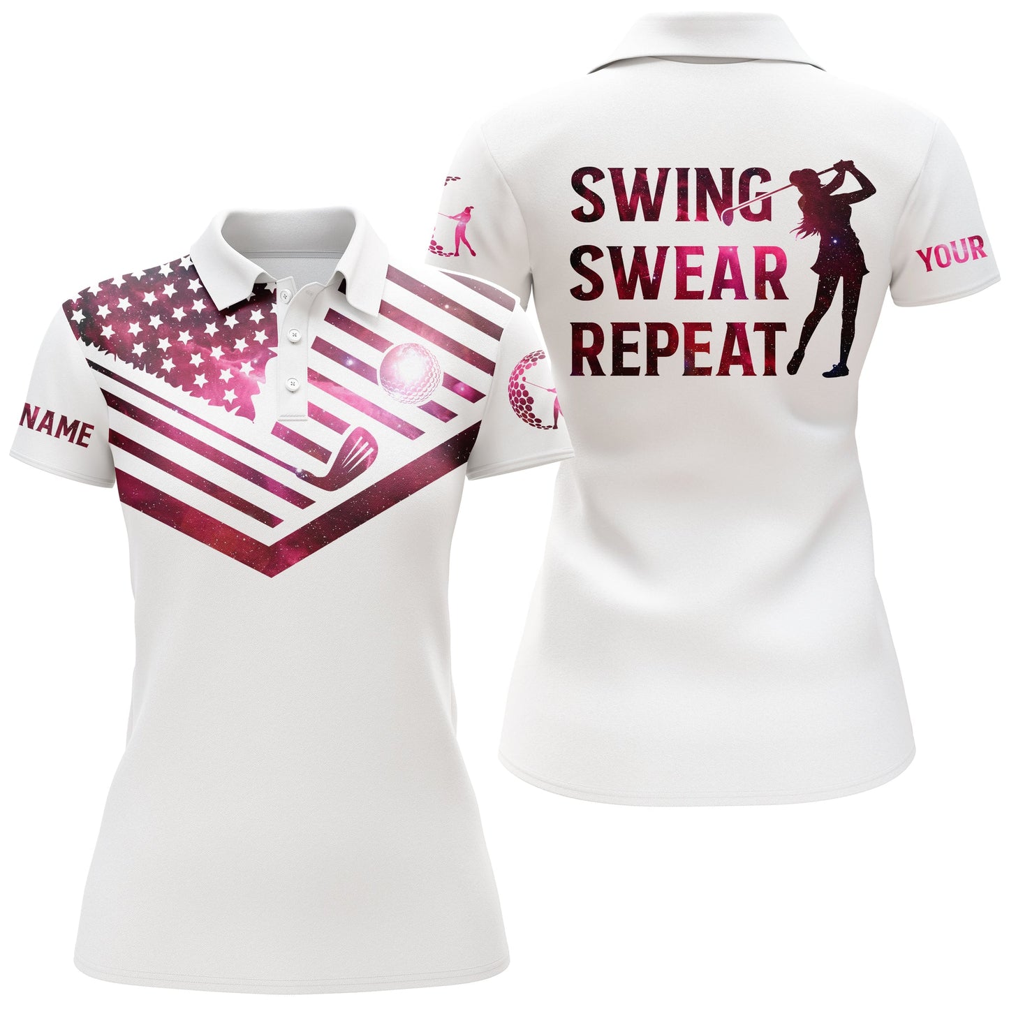 Womens Golf Polo Shirt Pink Galaxy American Flag Custom Name Swing Swear Repeat White Golf Shirt, Perfect Gift For Women