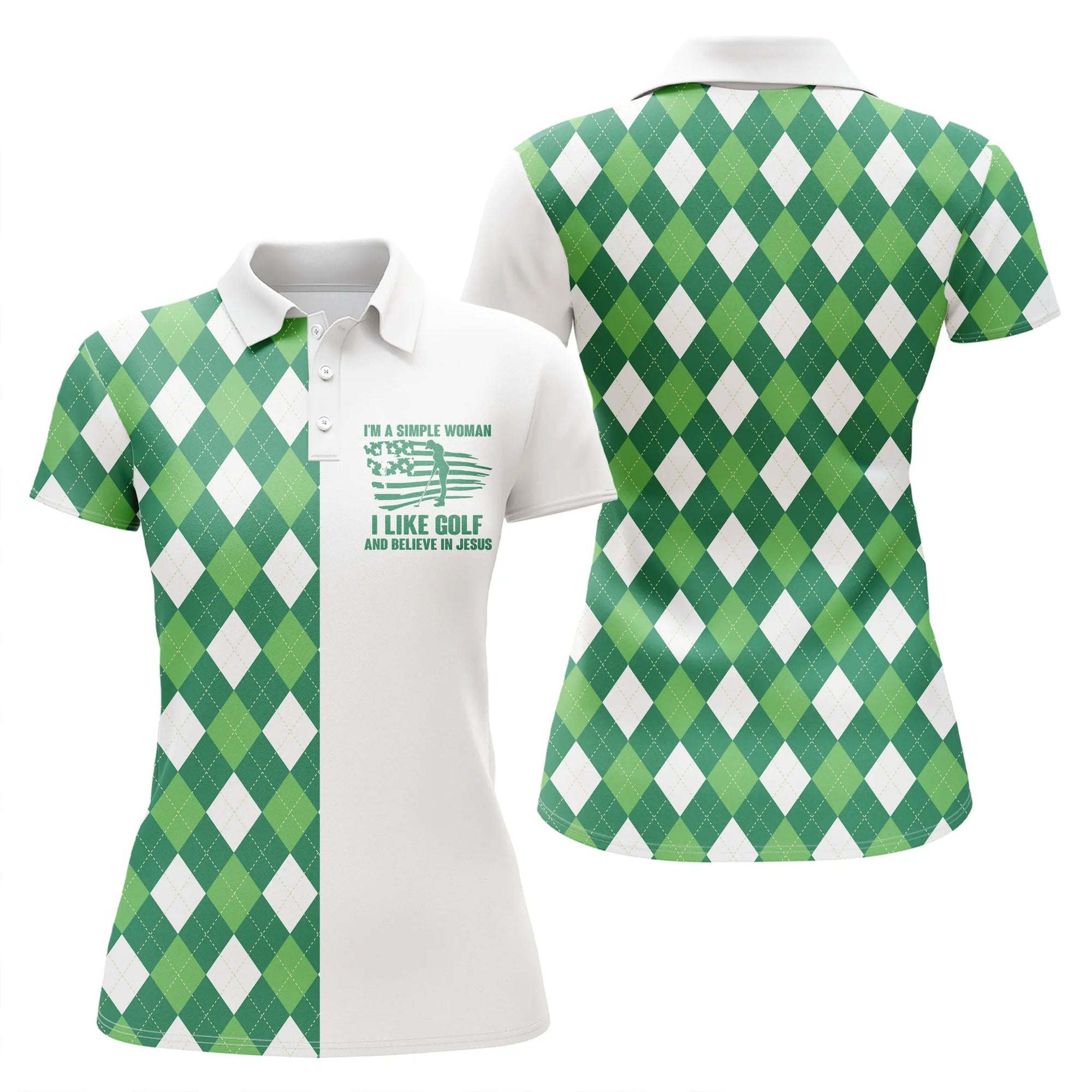 Womens Golf Polo Shirts Green Argyle Plaid Custom I'm A Simple Woman I Like Golf And Believe In Jesus, Perfect Gift For Women