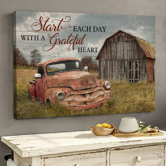Jesus Landscape Canvas - Old car painting, Green meadow Landscape Canvas - Gift For Christian - Start each day with grateful heart Landscape Canvas