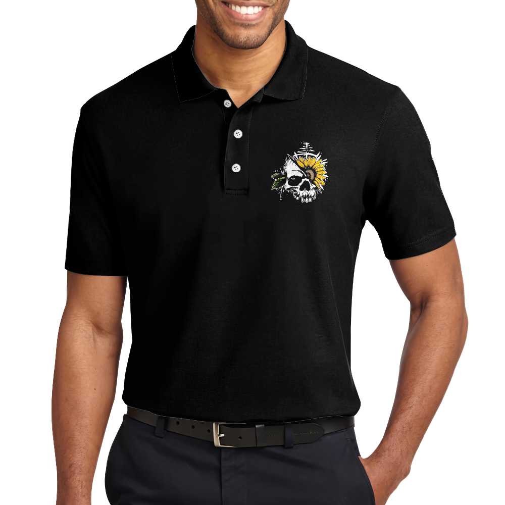 You Are My Sunshine Skull Sunflower Polo Shirt, Simple Black Polo Shirt For Men And Women