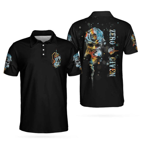 Zero Fck Given Skull Roses Short Sleeve Polo Shirt, Colorful Rose Middle Finger Polo Shirt, Best Golf Shirt - Perfect Gift For Men