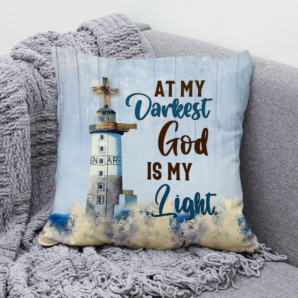 Jesus Pillow - Lighthouse, Wooden Cross Pillow - Gift For Christian - At my darkest God is my light Pillow