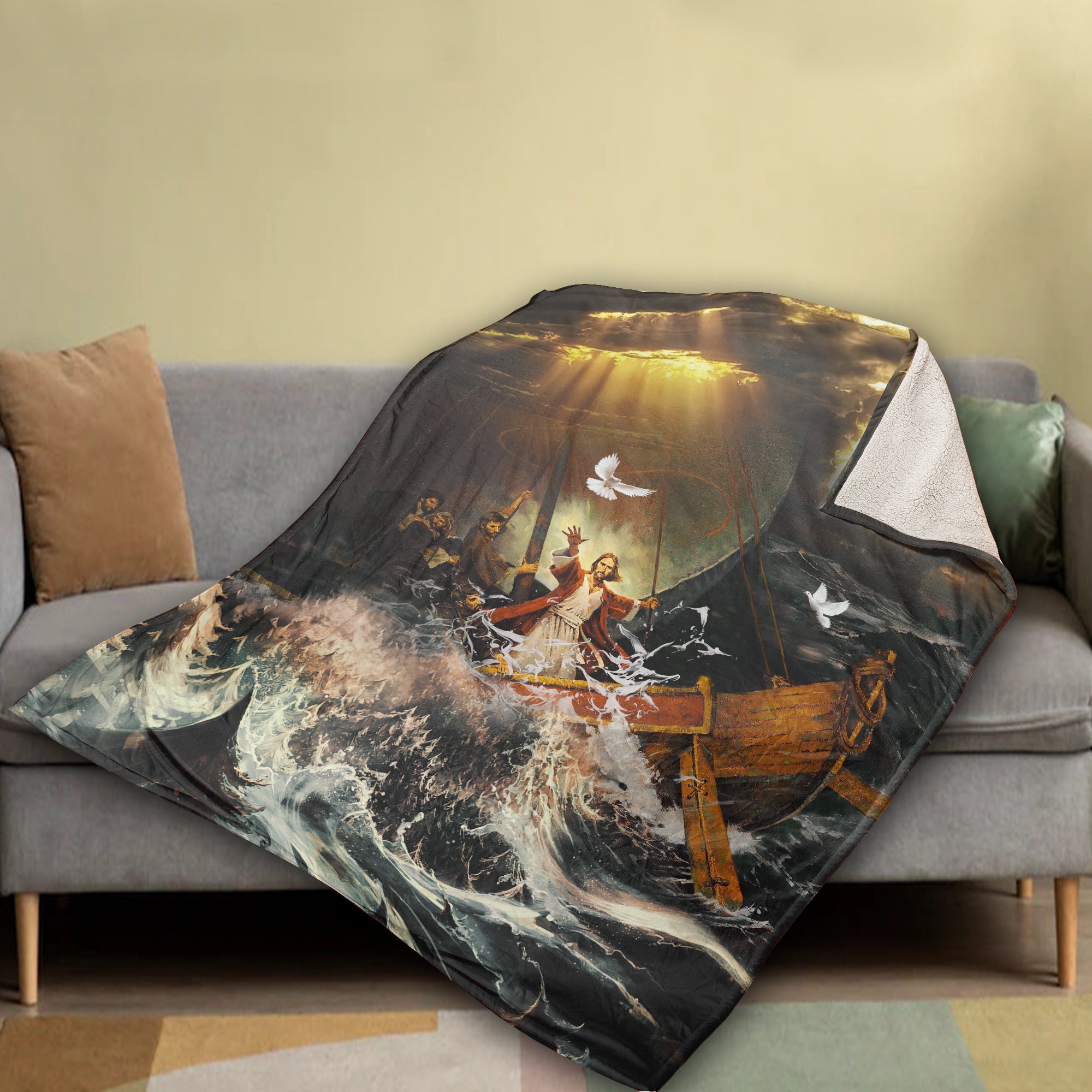 Jesus And Stunning Ocean Blanket, Christian Throw Blanket, Jesus Blanket, Butterfly Blanket, Inspirational Gift, Dove Symbol, Walking With Jesus