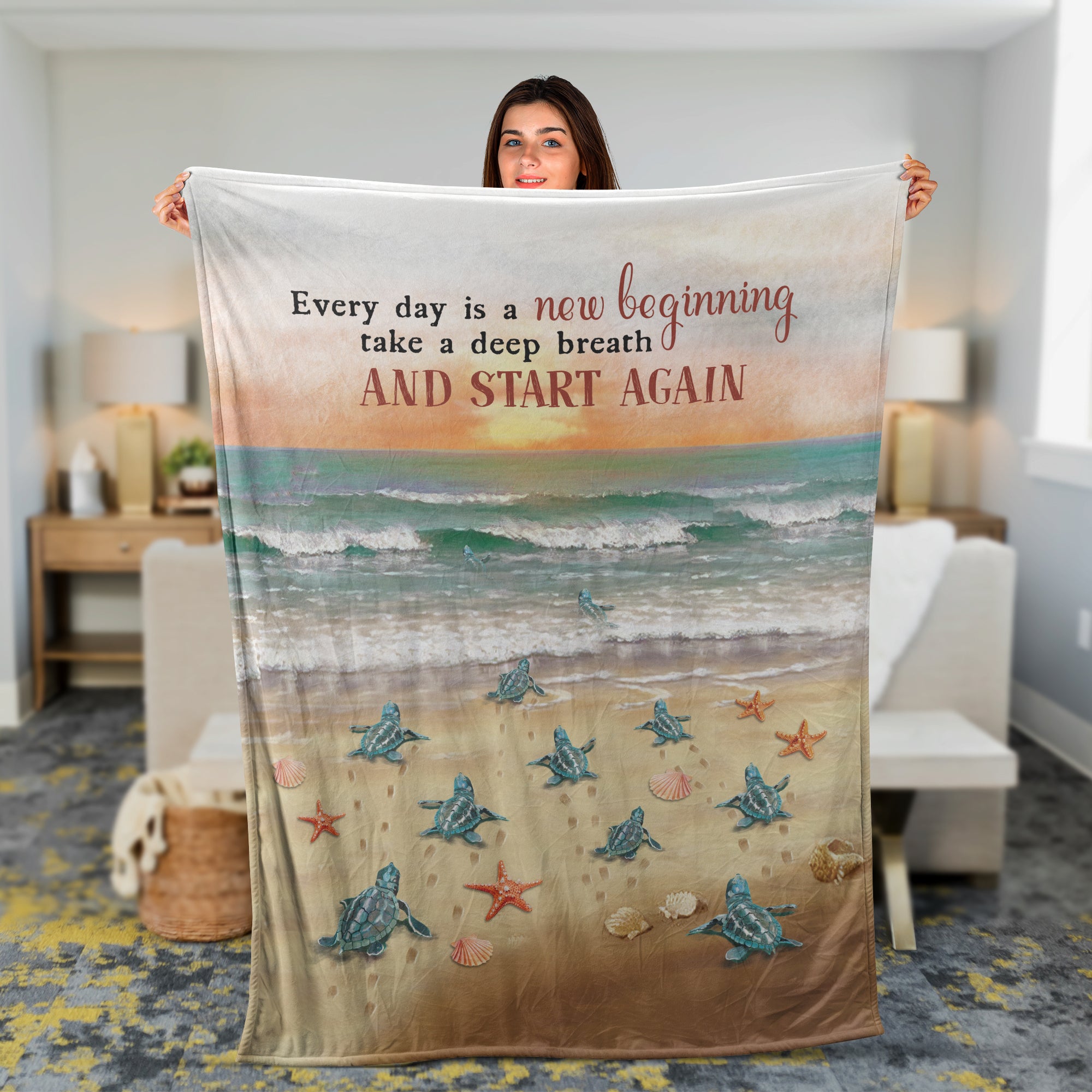 Sunset And Sea Turtle Blanket, Beach Blanket, Inspirational Gift, Motivation Gift For Mother, Grandma, Family, Friends - Every Day Is A New Beginning