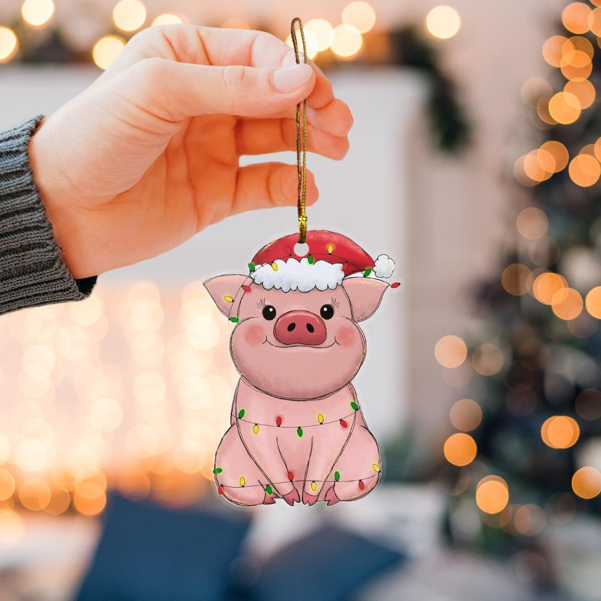 Pretty Pig Santa Claus Red Hat Custom Plastic Acrylic Ornaments Xmas Gifts for Family Friends