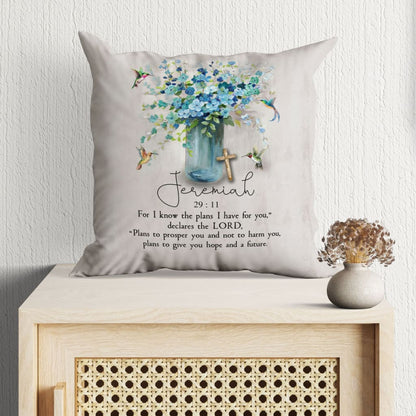 Bible Verse Pillow - Jesus Pillow - Blue Baby Flowers, Hummingbirds, Wooden Cross Pillow - Gift For Christian-  Jeremiah 29:11 NIV Pillow