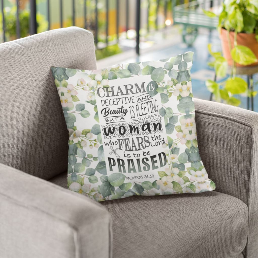 Bible Verse Pillow - Jesus Pillow - White Flowers Pillow - Gift For Christian- Proverbs 31:30 Charm Is Deceptive And Beauty Is Fleeting Throw Pillow