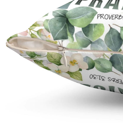 Bible Verse Pillow - Jesus Pillow - White Flowers Pillow - Gift For Christian- Proverbs 31:30 Charm Is Deceptive And Beauty Is Fleeting Throw Pillow