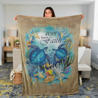Jesus Blanket- Big Sea Turtle, Deep Ocean, Colorful Starfish- Gift For Christian- Just Have Faith