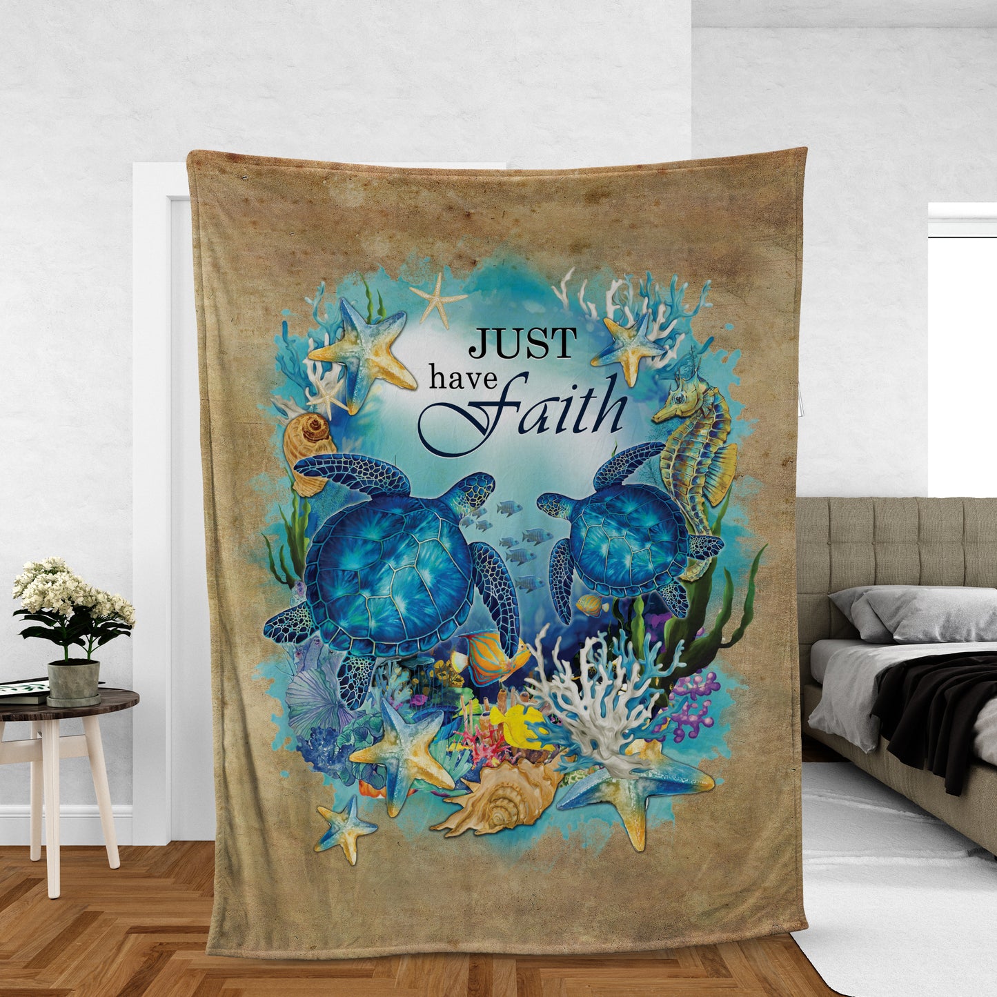 Jesus Blanket- Big Sea Turtle, Deep Ocean, Colorful Starfish- Gift For Christian- Just Have Faith