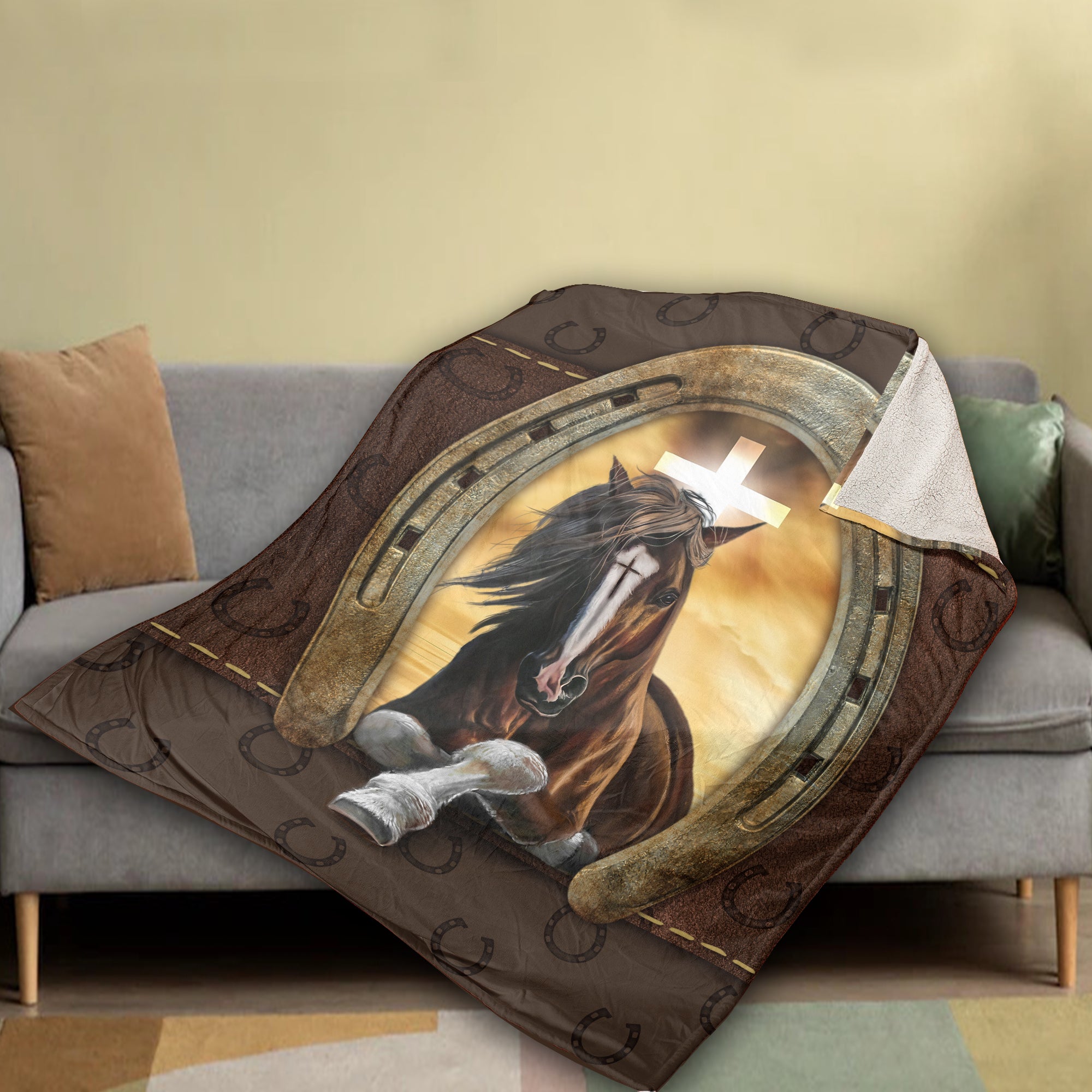 Jesus Blanket- Black horse, Golden horseshoe, Cross symbol, Orange sunset - Gift For Christian