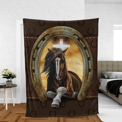 Jesus Blanket- Black horse, Golden horseshoe, Cross symbol, Orange sunset - Gift For Christian