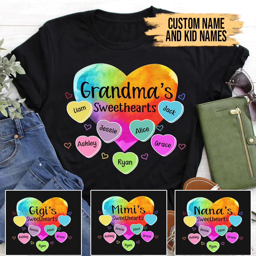 Grandma and Kids Custom Name T-shirt, Grandma Sweethearts With Grandkids Heart Color Art Personalized Shirt - Perfect Gift For Gigi, Nana, Mimi, Grandma