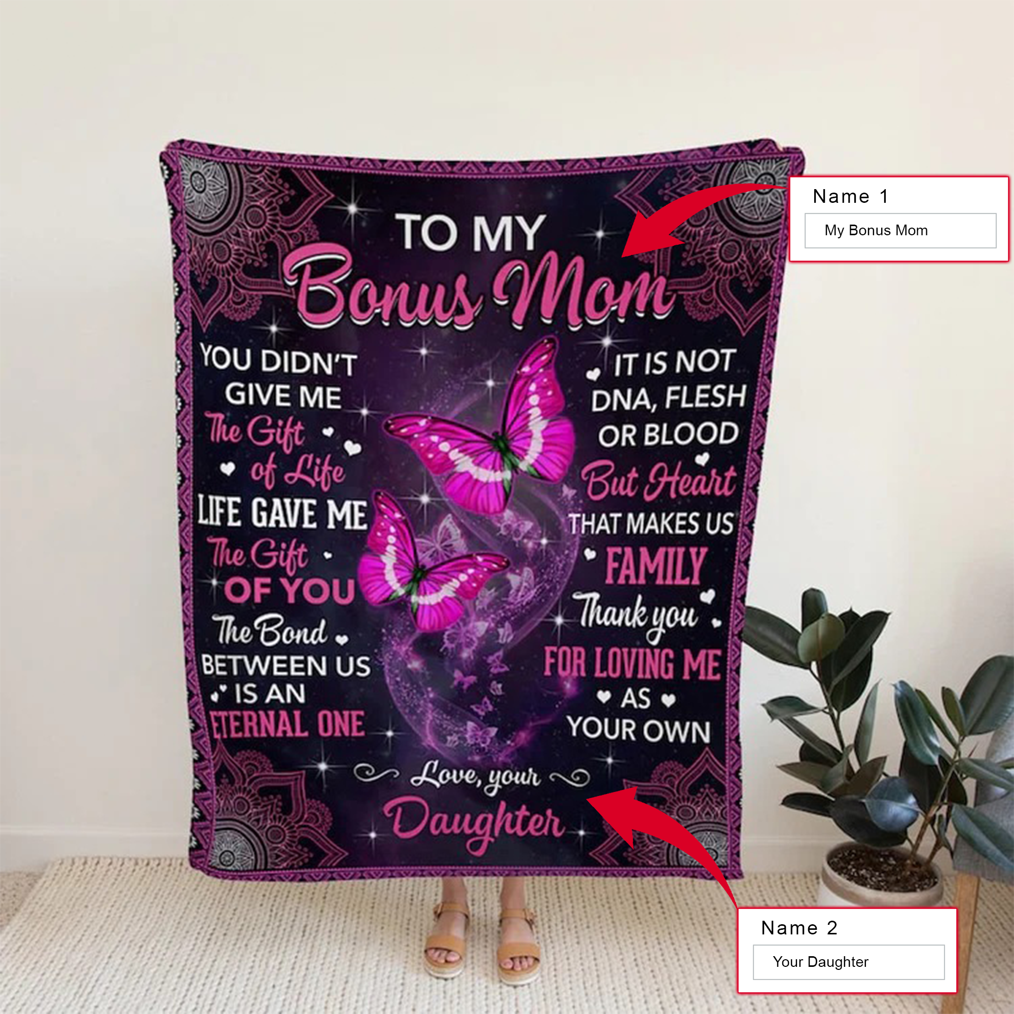 Personalized Mom Throw Blanket, To My Bonus Mom Blanket, Custom Mother's Day Gift, Blanket For Mom, Blankets For Mom Gift, Bed Sofa Home Decor