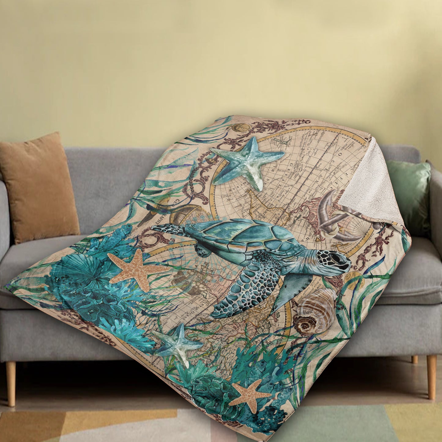 Jesus Blanket- Blue Sea Turtle, Big Starfish, Deep Ocean, Vintage Map - Gift For Christian