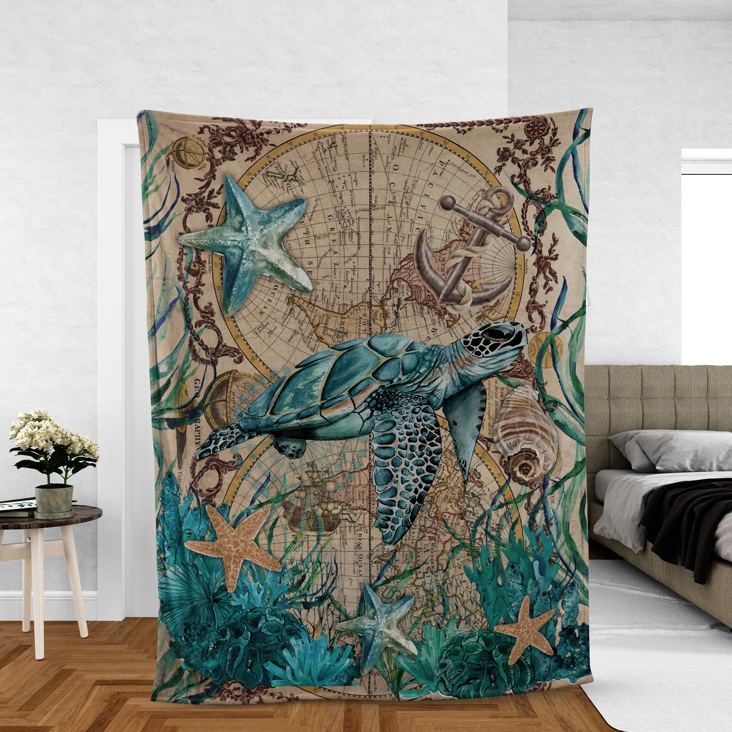 Jesus Blanket- Blue Sea Turtle, Big Starfish, Deep Ocean, Vintage Map - Gift For Christian