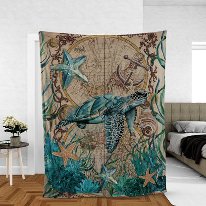 Jesus Blanket- Blue Sea Turtle, Big Starfish, Deep Ocean, Vintage Map - Gift For Christian
