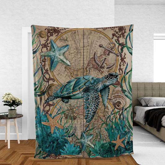 Jesus Blanket- Blue Sea Turtle, Big Starfish, Deep Ocean, Vintage Map - Gift For Christian