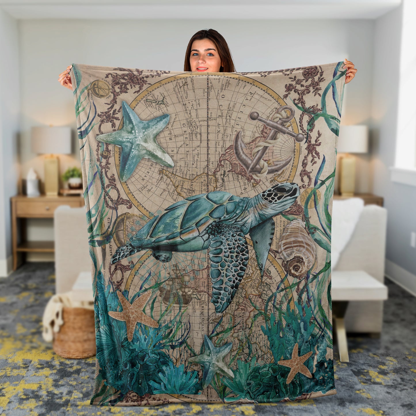 Jesus Blanket- Blue Sea Turtle, Big Starfish, Deep Ocean, Vintage Map - Gift For Christian
