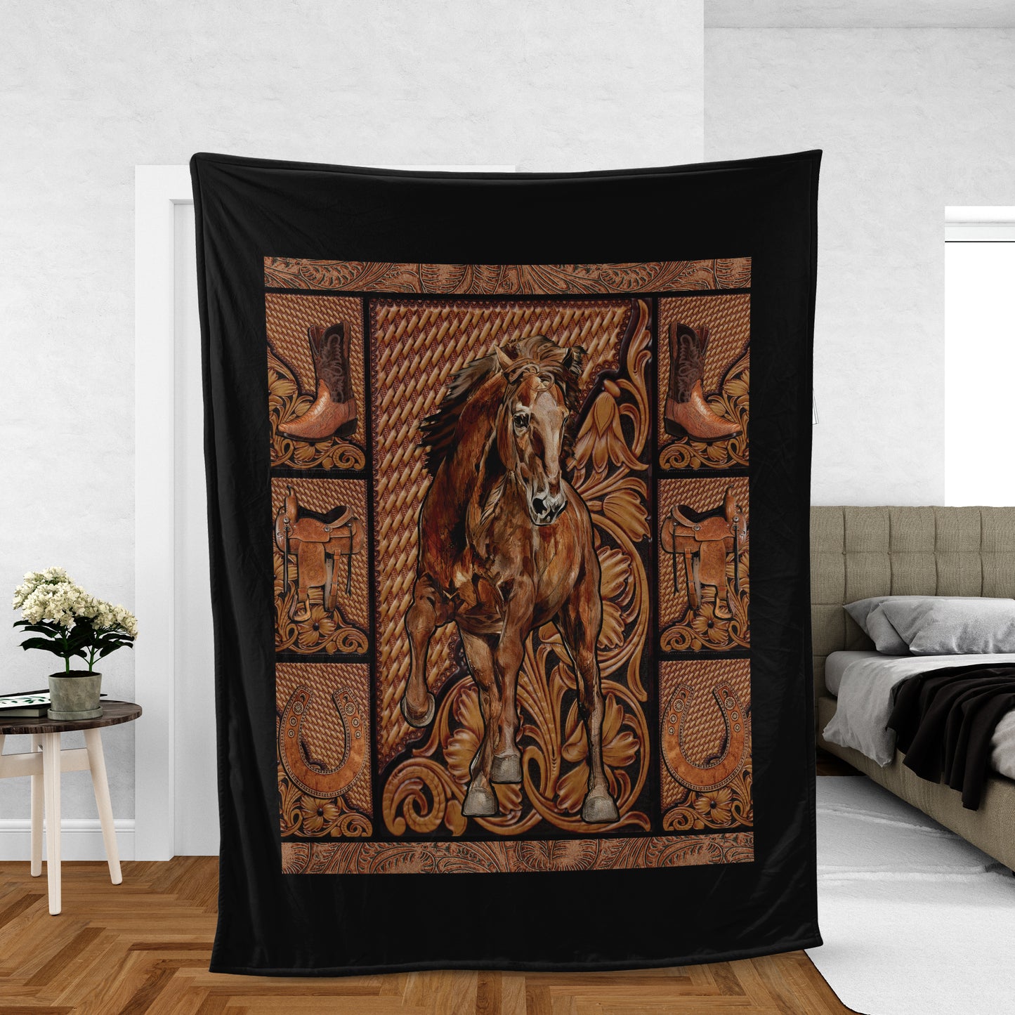 Jesus Blanket- Brown Horse, Horseshoe Symbol, Flower Painting- Gift For Christian