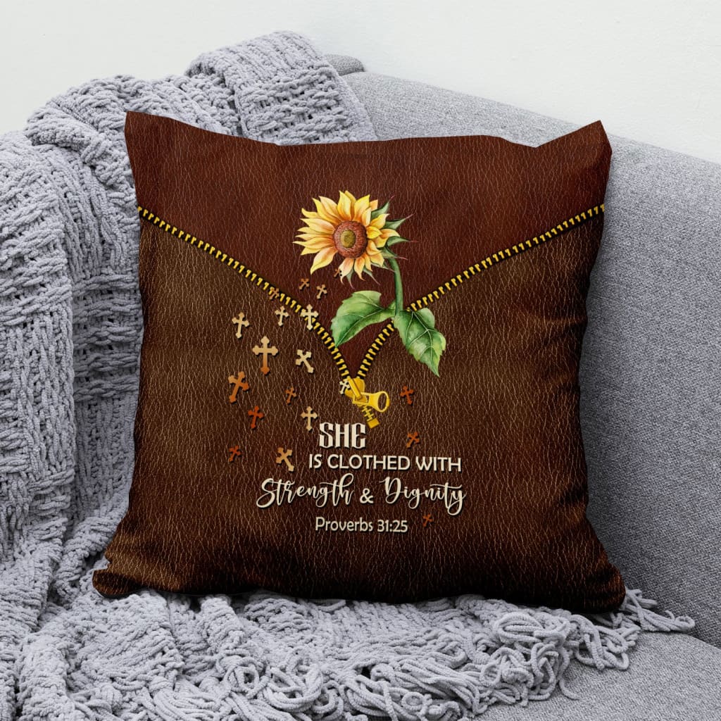 Jesus Pillow - Christian pillows: She is clothed with strength and dignity sunflower pillow