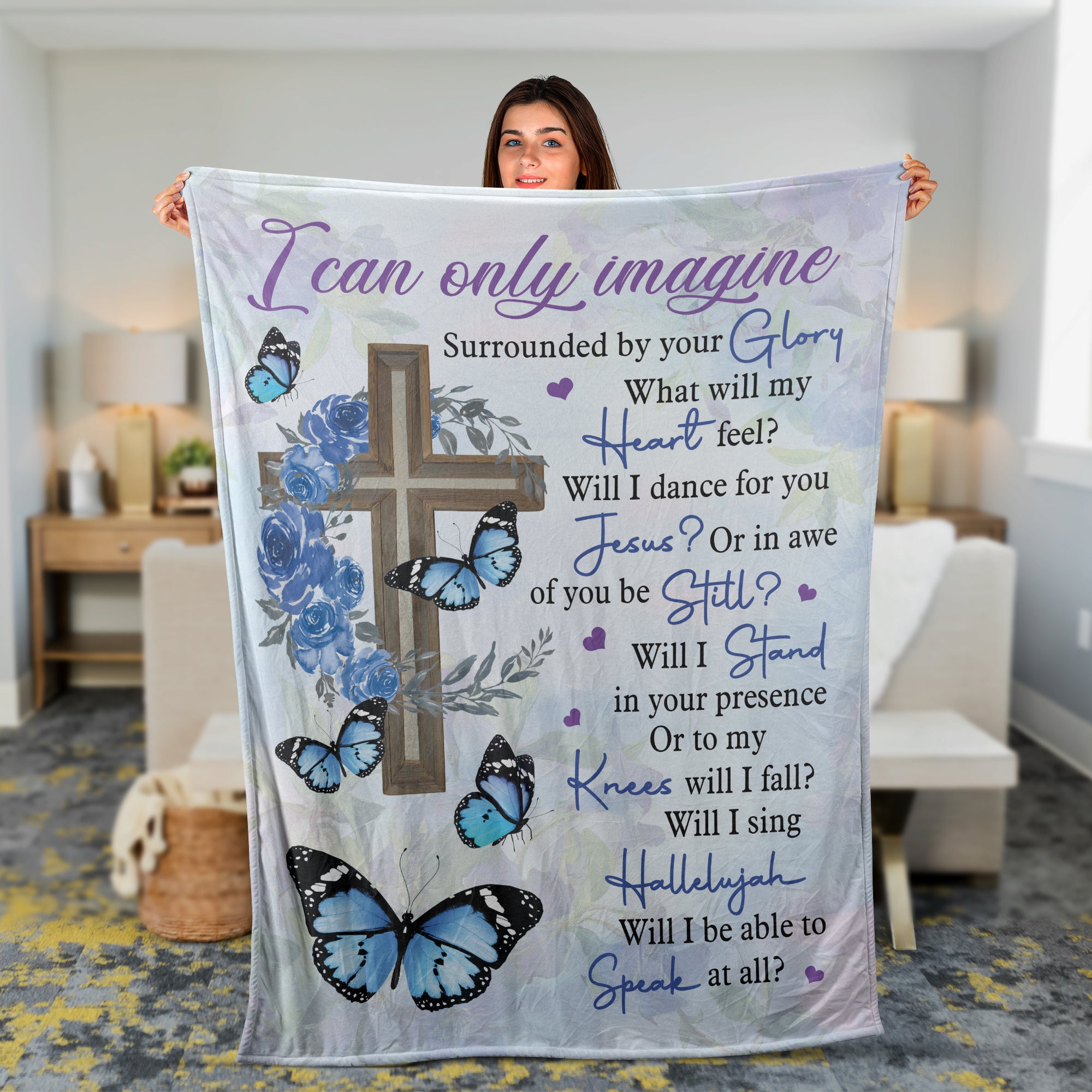 Christian Throw Blanket, Faith Blanket, Blue Butterfly And Cross Blanket, Inspirational Gift, Jesus Gift - Blue Rose, I Can Only Imagine