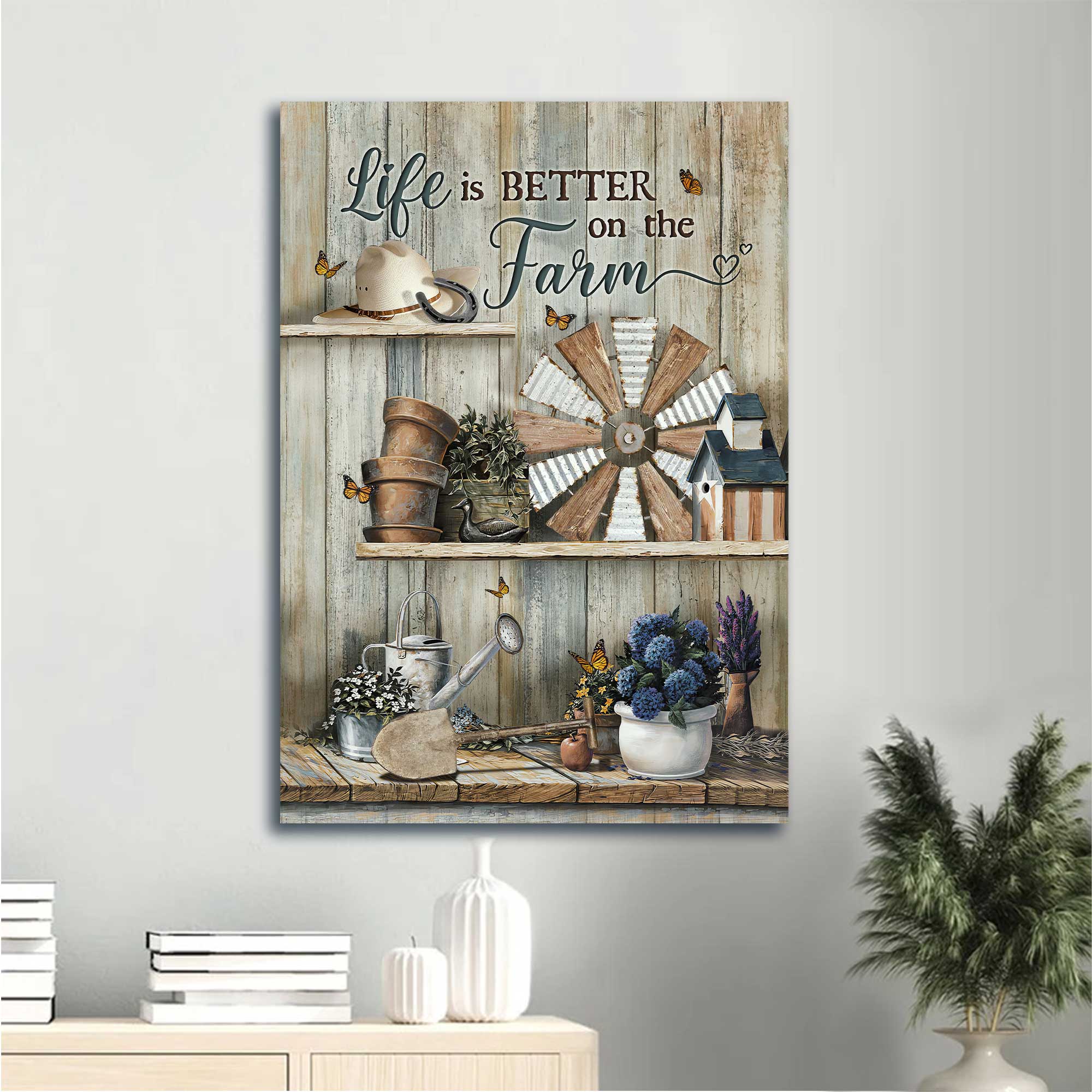 Jesus Portrait Canvas - Vintage Garden, Blue Hydrangea, Windmill Canvas - Gift For Christian - Life Is Better On The Farm Canvas