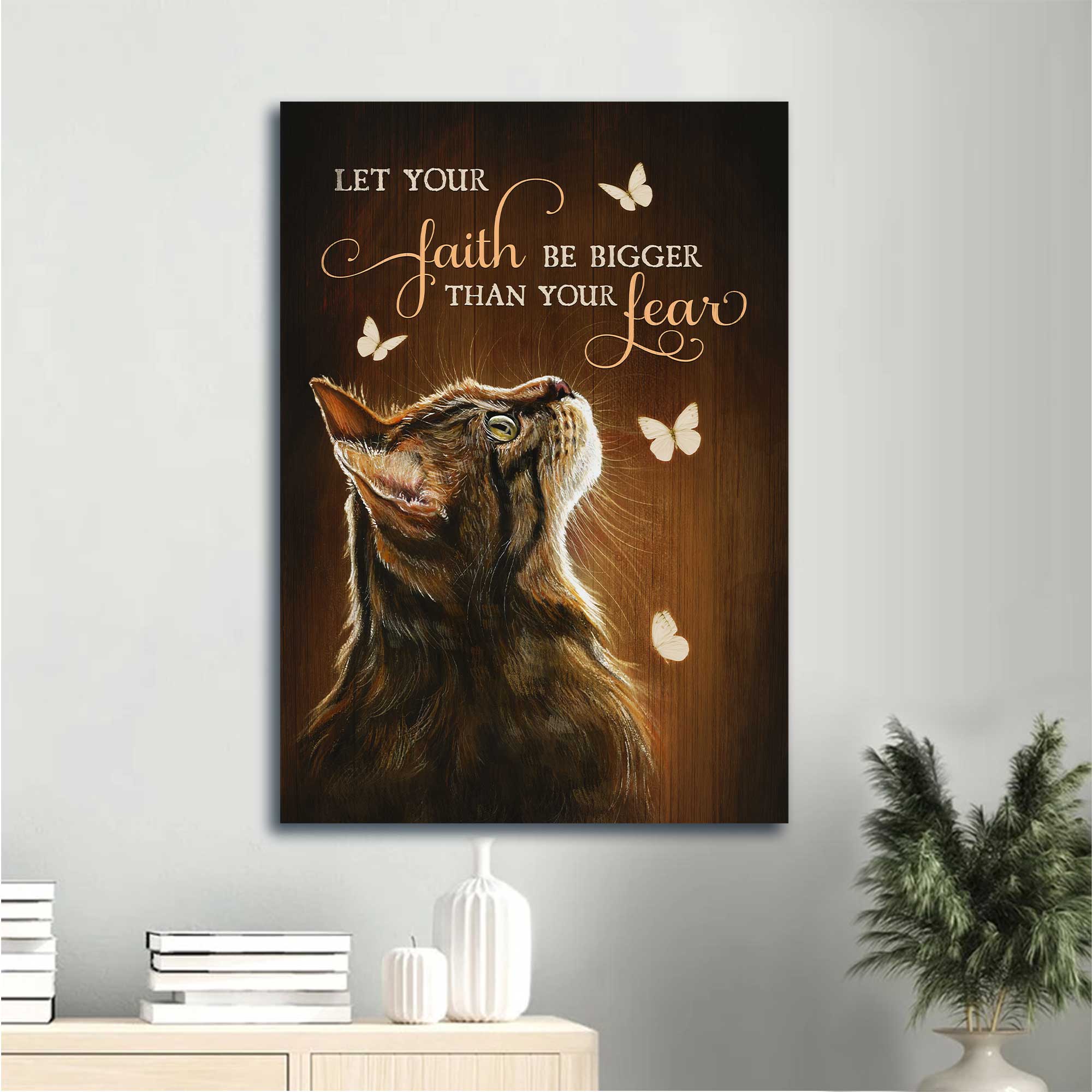 Jesus And Cat Portrait Canvas - Tabby Cat, White Butterfly Canvas - Gift For Christian, Cat Lovers - Let Your Faith Be Bigger Than Your Fear Canvas