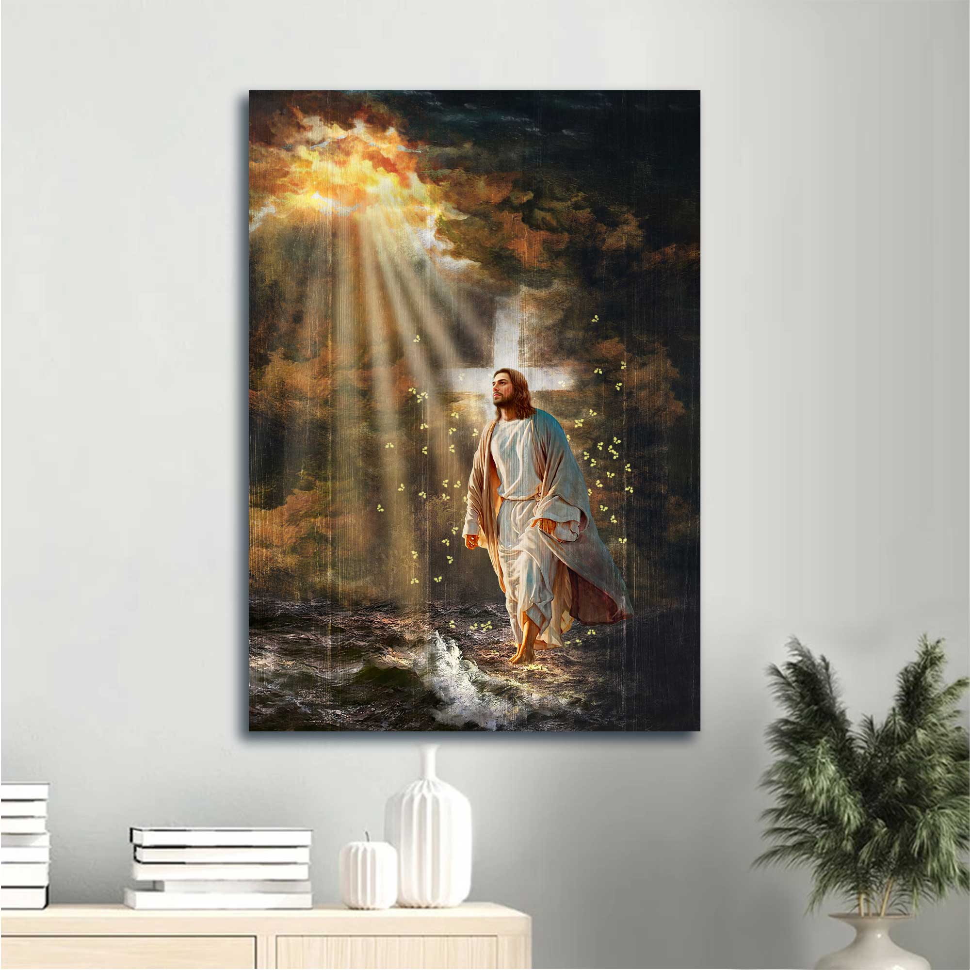 Jesus Portrait Canvas - The Life Of Jesus, Halo Painting, Yellow Butterfly, Walking On Water Canvas - Gift For Christian