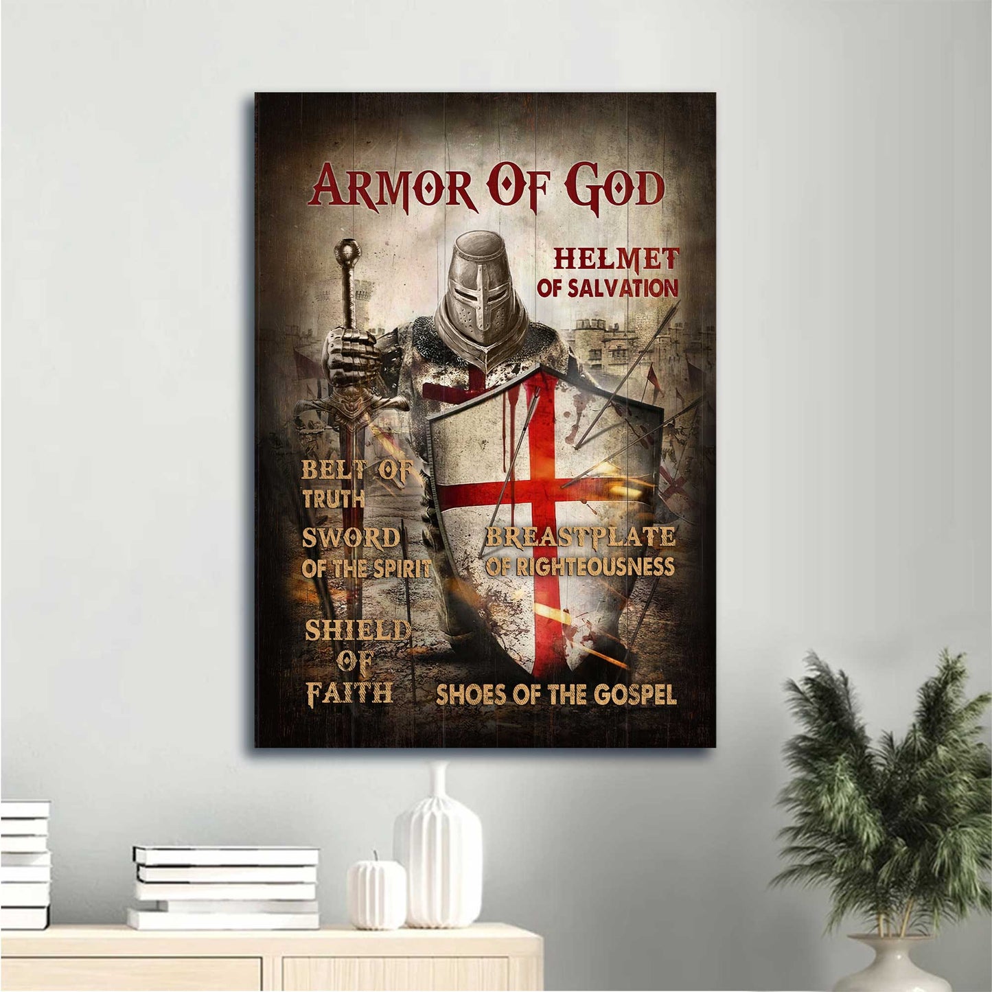 Jesus Portrait Canvas - Warrior Painting, Red Cross, Jesus Drawing Canvas - Gift For Christian - Armor Of God Canvas