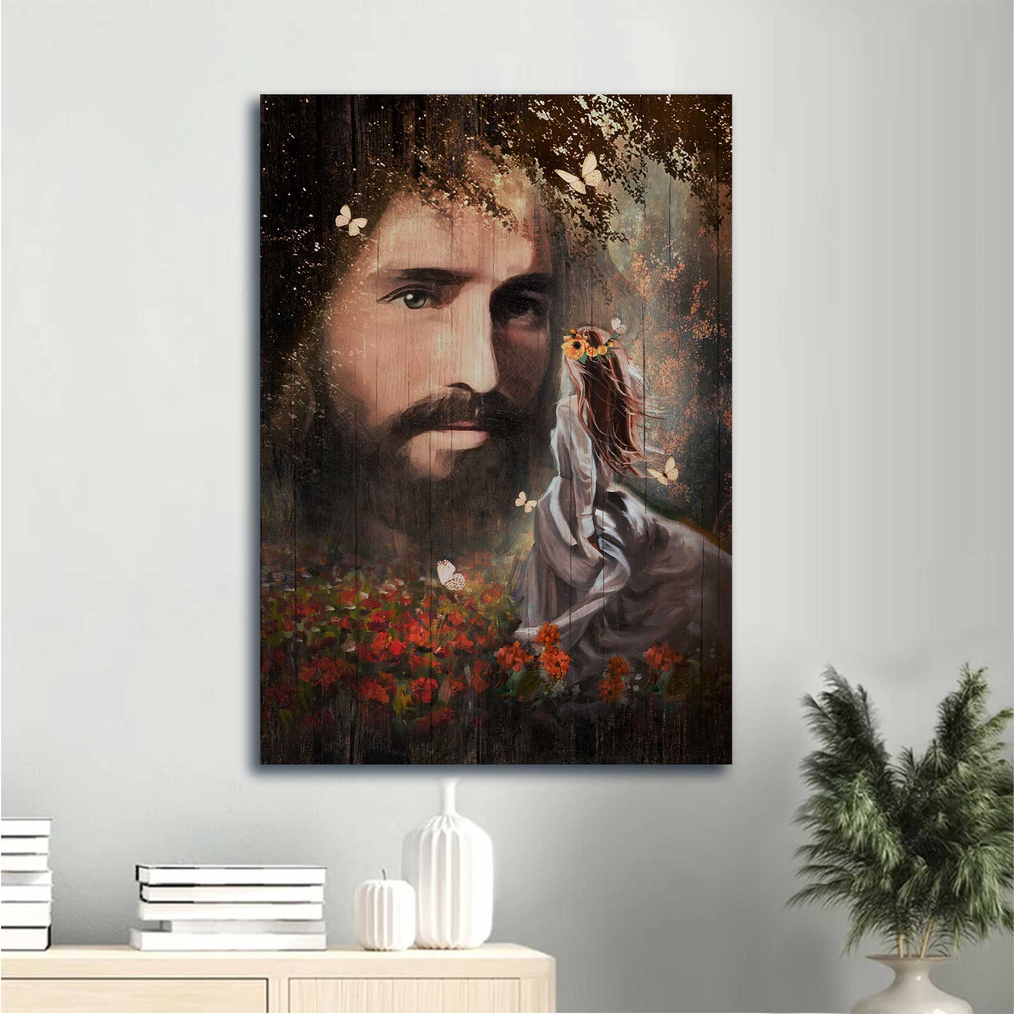 Jesus Portrait Canvas - The Real Face Of Jesus, Pretty Girl, Red Flower Garden, Flower Wreathcanvas - Gift For Christian