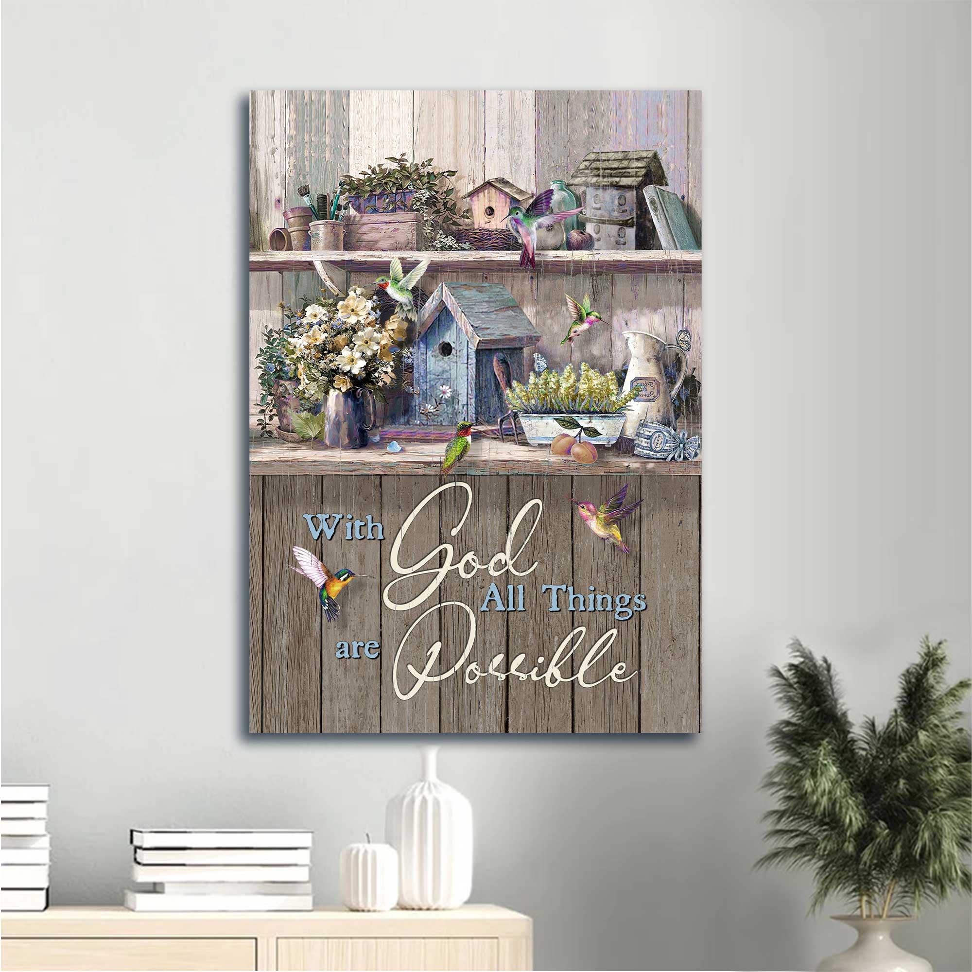 Jesus Portrait Canvas - Vintage Kitchen, Flowers, Hummingbird Canvas - Gift For Christian - With God All Things Are Possible Canvas