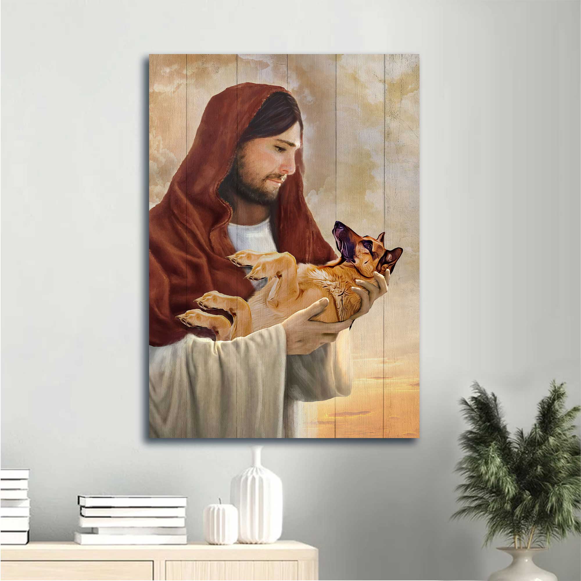 Jesus Portrait Canvas - Little German Shepherd, The world in his arm, Jesus artwork Portrait Canvas - Gift For Christian Portrait Canvas Prints, Christian Wall Art