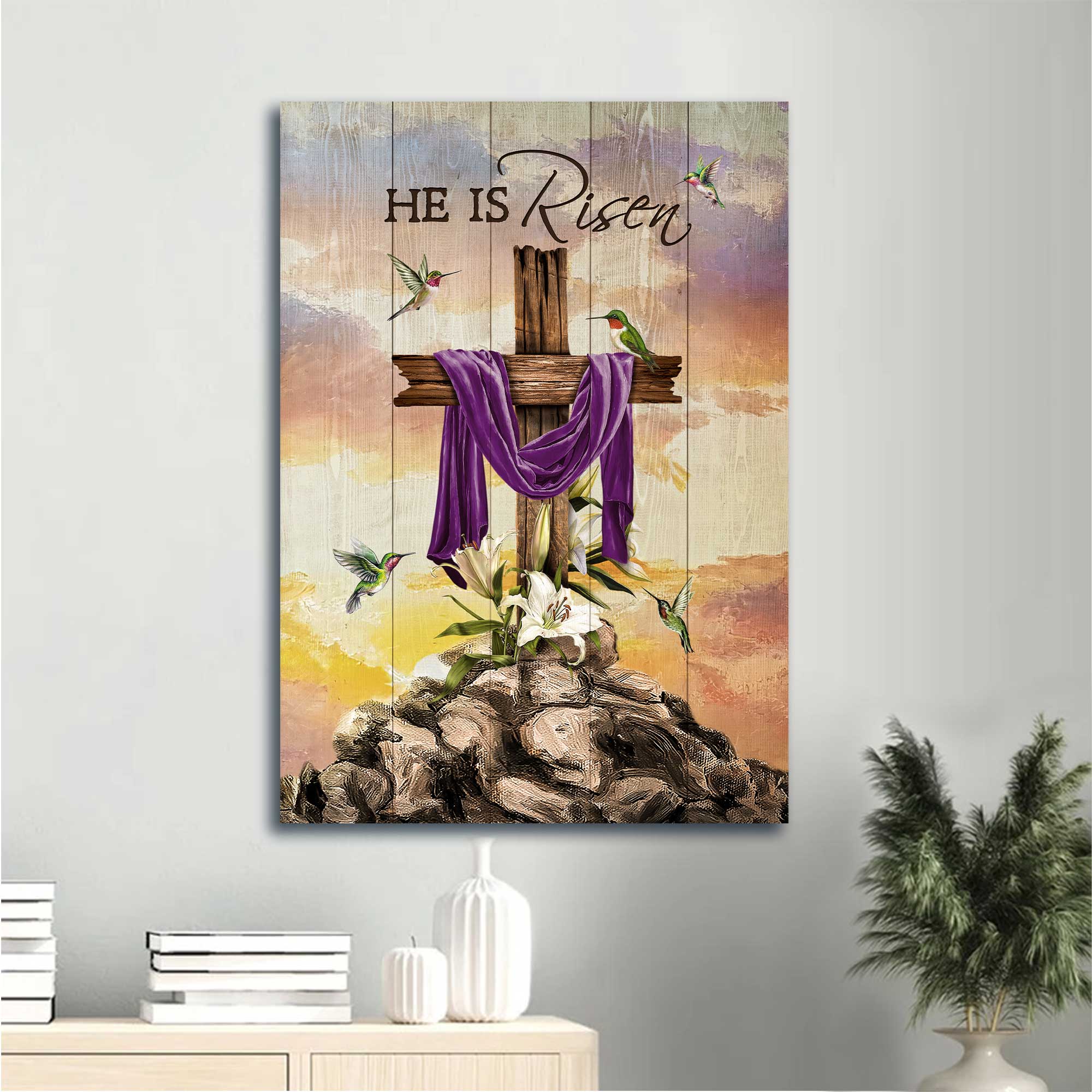 Jesus Portrait Canvas - Wooden Cross, Rock Mountain, Lily Flower, Hummingbird Canvas - Gift For Christian - He Is Risen Canvas