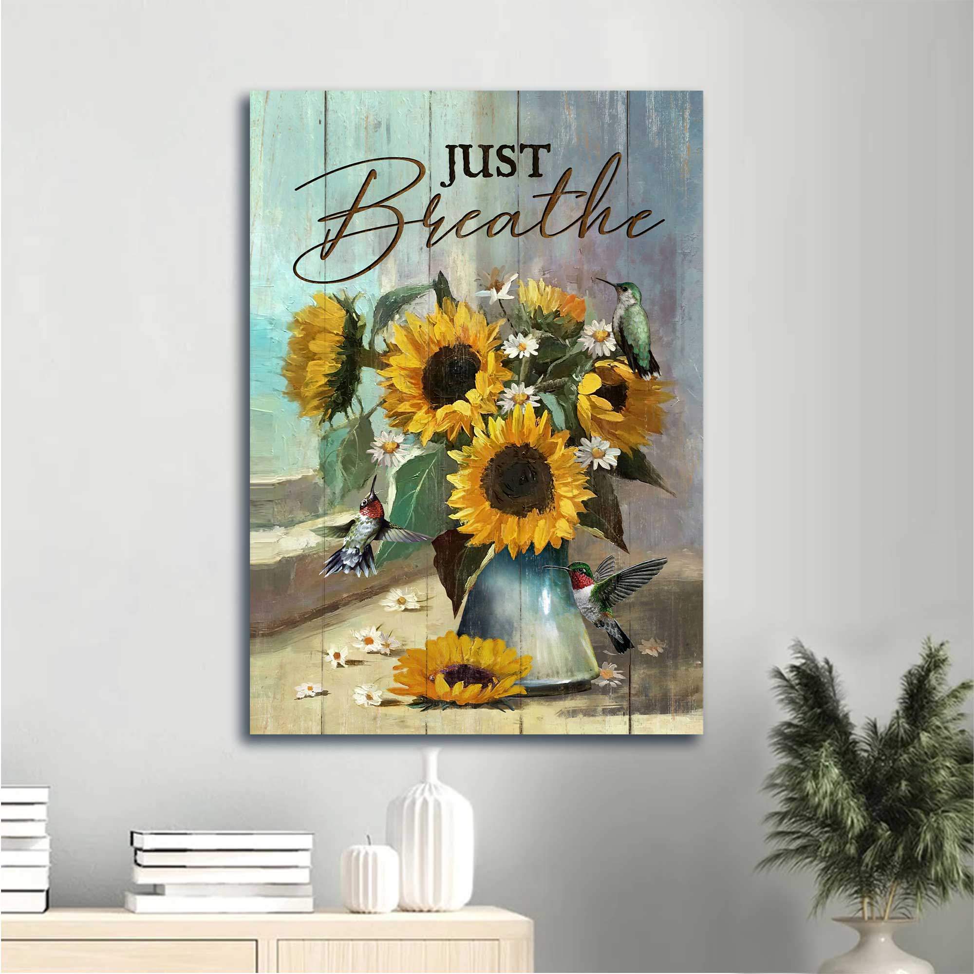 Jesus Portrait Canvas - Sunflower vase, Hummingbird drawing Portrait Canvas - Inspirational gift, Gift For Religious Christian - Just breathe