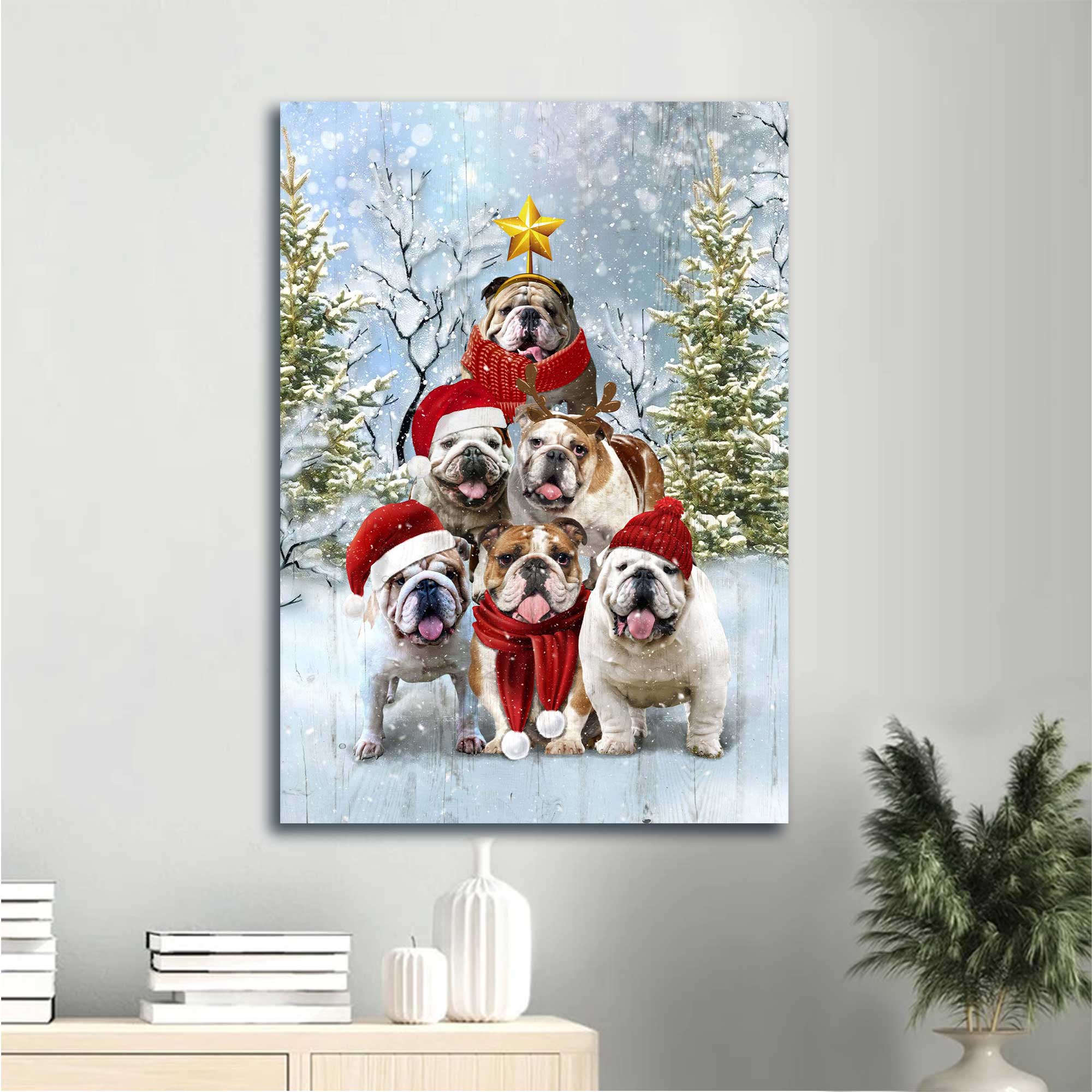 English Bulldog Portrait Canvas- English bulldog canvas, Christmas tree, The happy Christmas tree canvas- Gift for English Bulldog, Dog lover