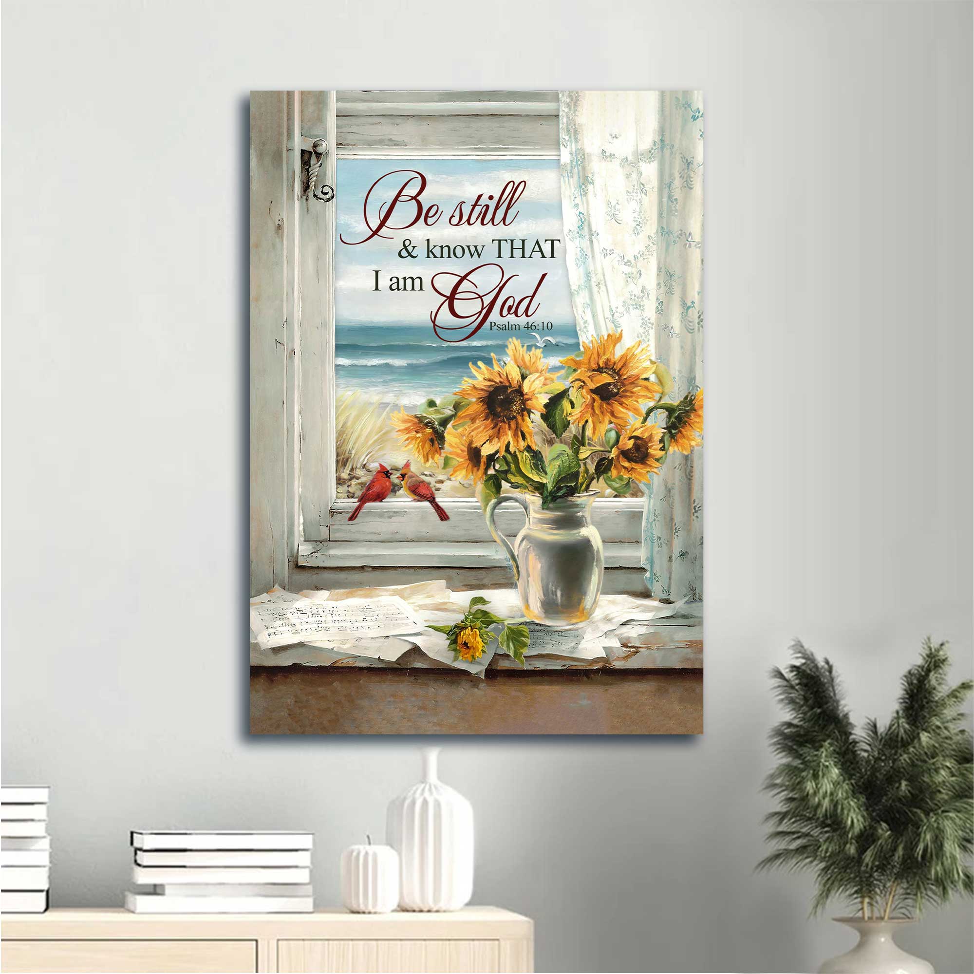 Jesus Portrait Canvas - Sunflower Painting, Vintage Window, Beautiful Beach Canvas - Gift For Christian - Be Still And Know That I Am God Canvas