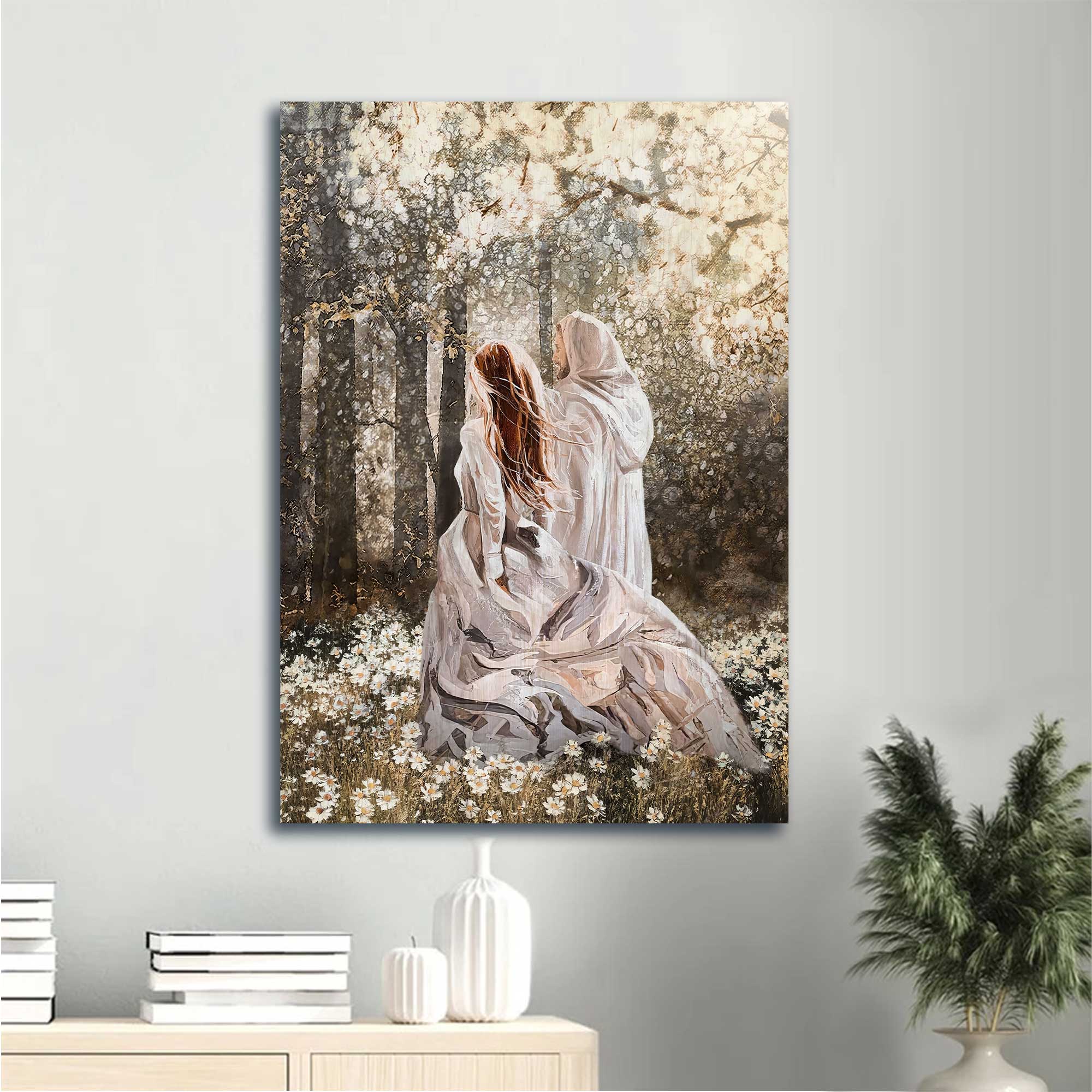 Jesus Portrait Canvas - Walking With Jesus, Beautiful Girl Painting, In The Forest, Among The Flower Field Canvas - Gift For Christian