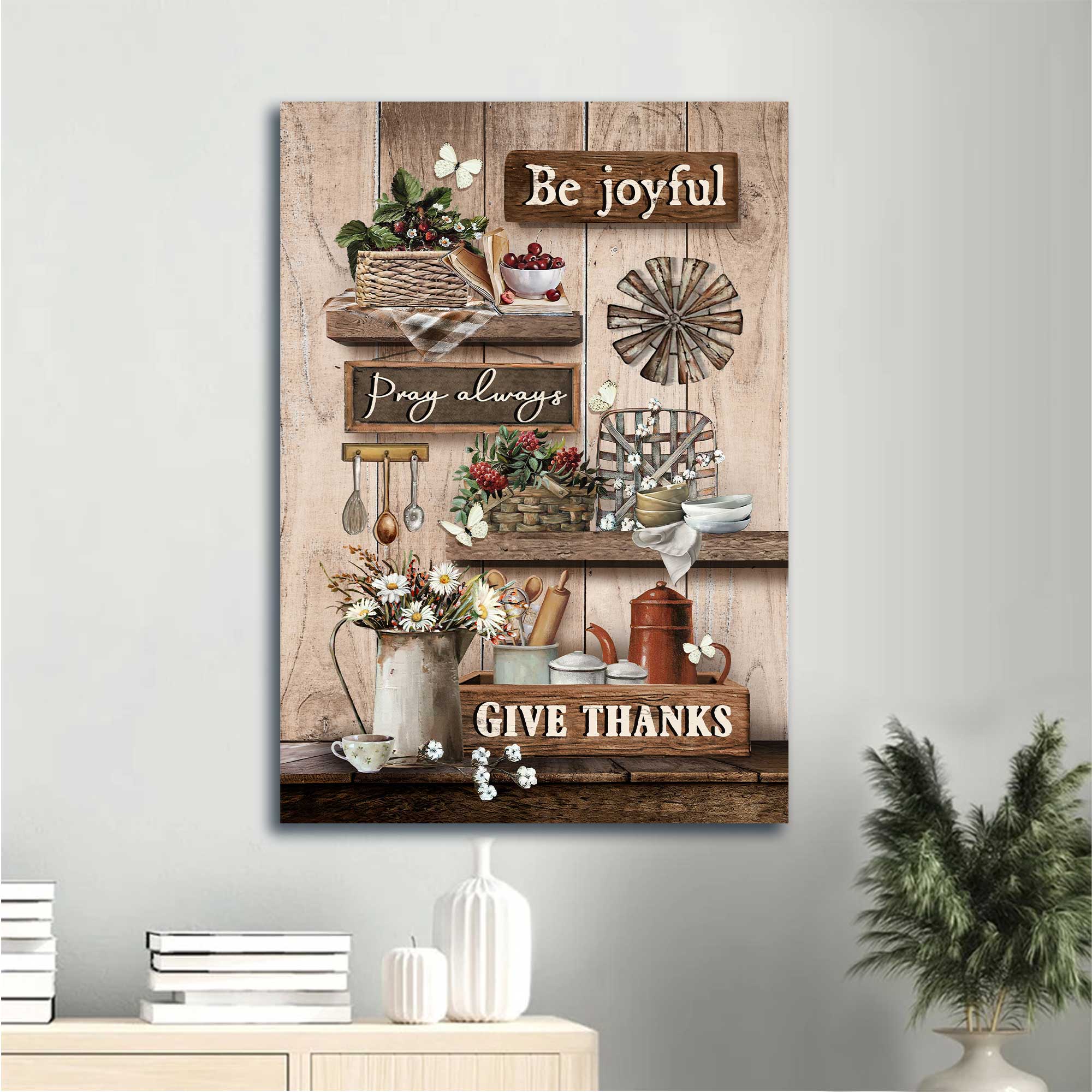 Jesus Portrait Canvas - Vintage Kitchen, Cranberry Drawing Canvas - Gift For Christian - Be Joyful, Pray Always, Give Thanks Canvas