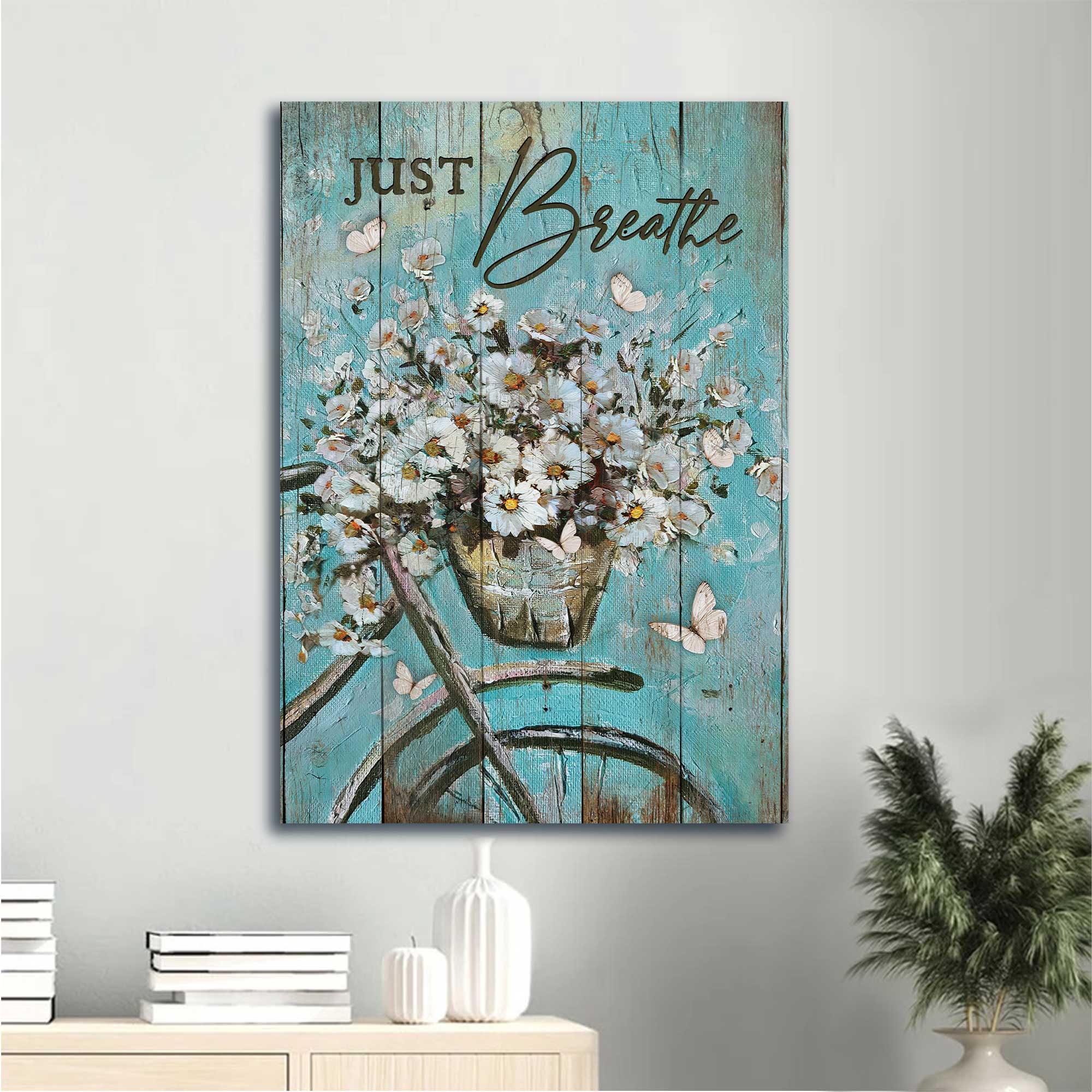 Jesus Portrait Canvas - Vintage Bicycle, Daisy Vase, White Butterfly Canvas - Gift For Christian - Just Breathe Canvas