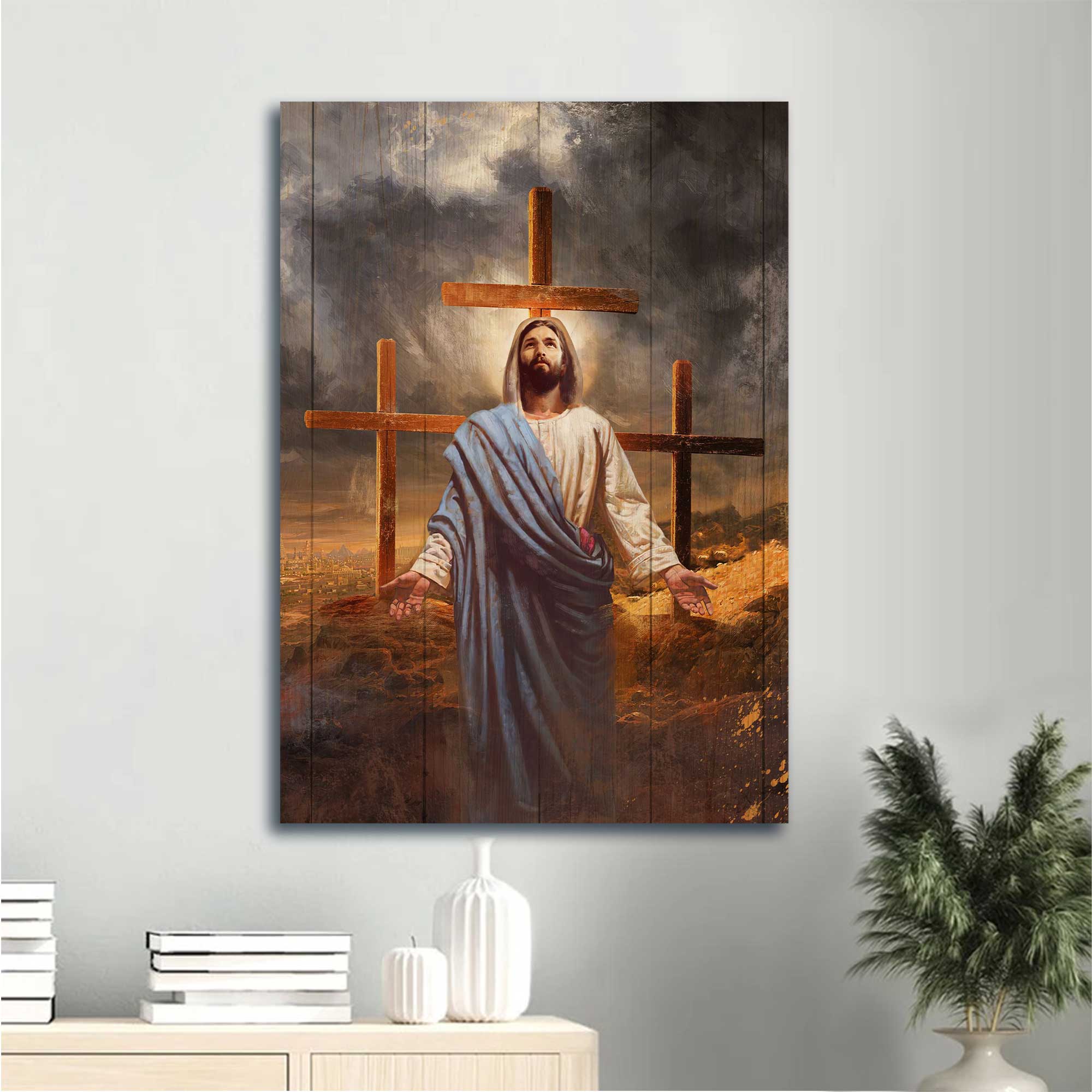 Jesus Portrait Canvas - Three Old Rugged Cross, Jesus Painting, Black Cloud - Gift For Christian