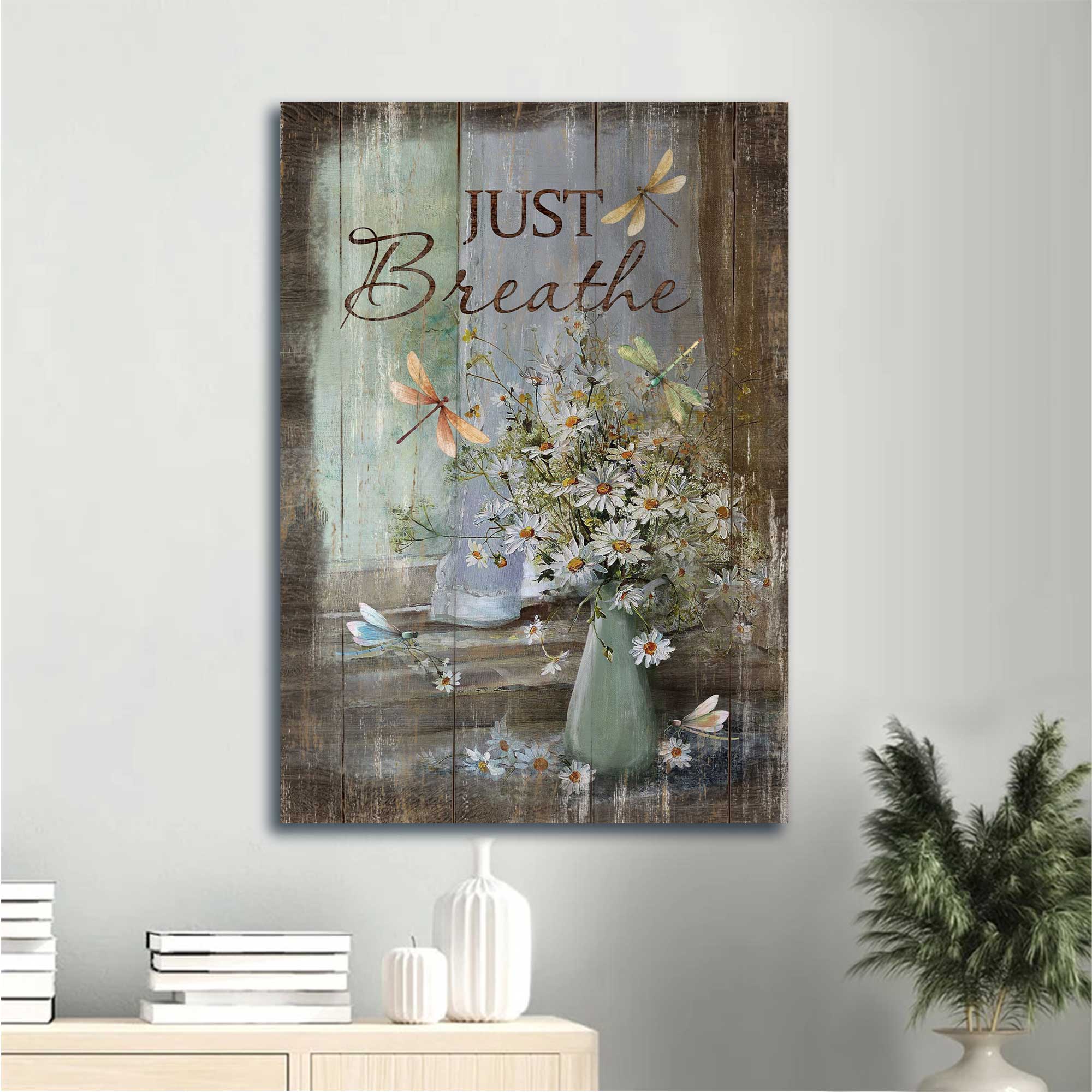 Jesus Portrait Canvas - Vintage Flower Vase, Daisy Flower, Vintage Daisy Vase With Dragonfly Canvas - Gift For Christian - Just Breathe Canvas