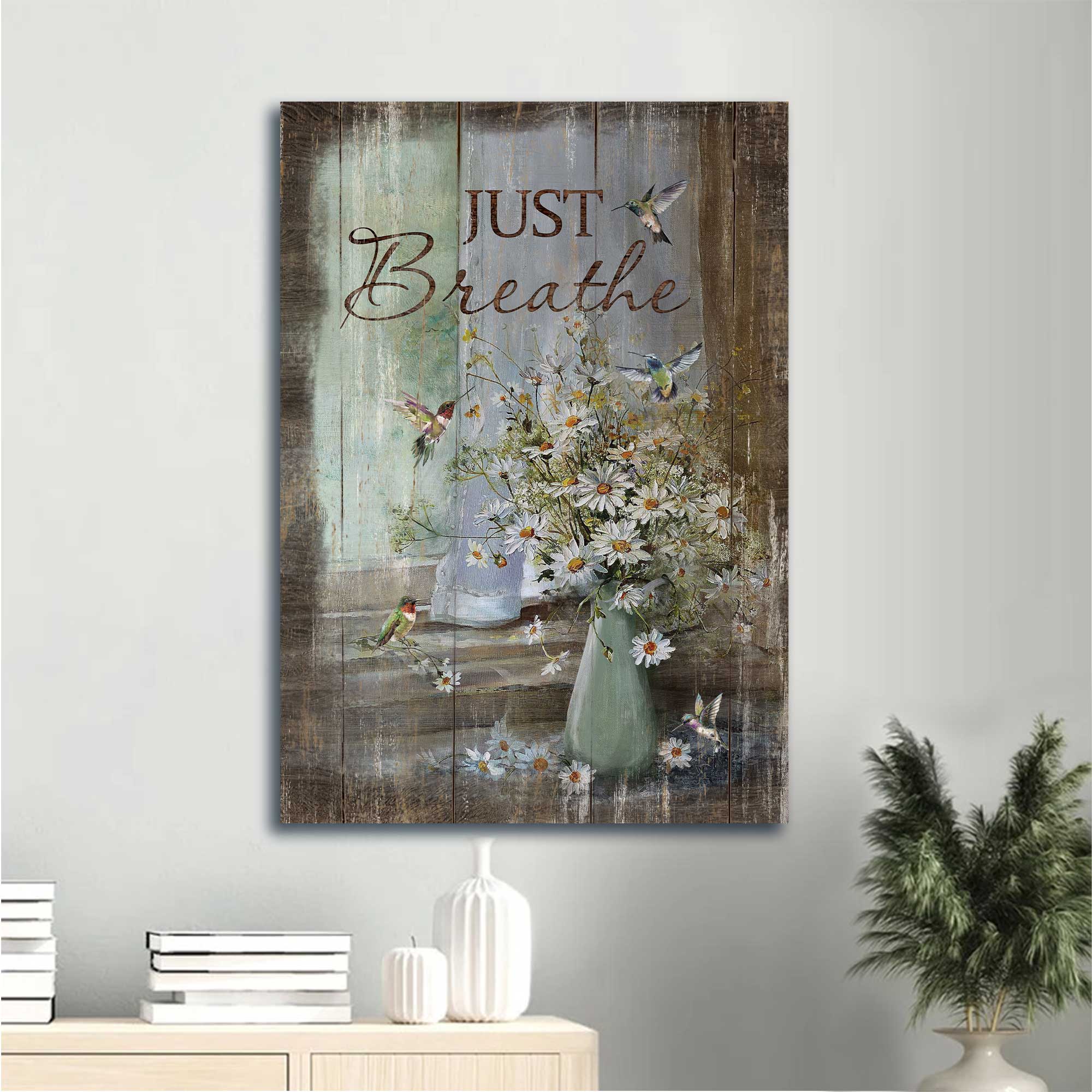 Jesus Portrait Canvas - Vintage Flower Vase, Vintage Daisy Vase With Hummingbird, Daisy Flower Canvas - Gift For Christian - Just Breathe Canvas