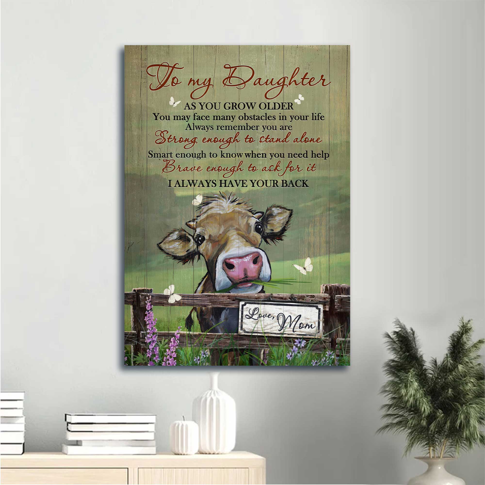 Gift for Daughter- Mom to daughter, Watercolor cow, Green meadow, I always have your back - Family Portrait Canvas Prints, Wall Art