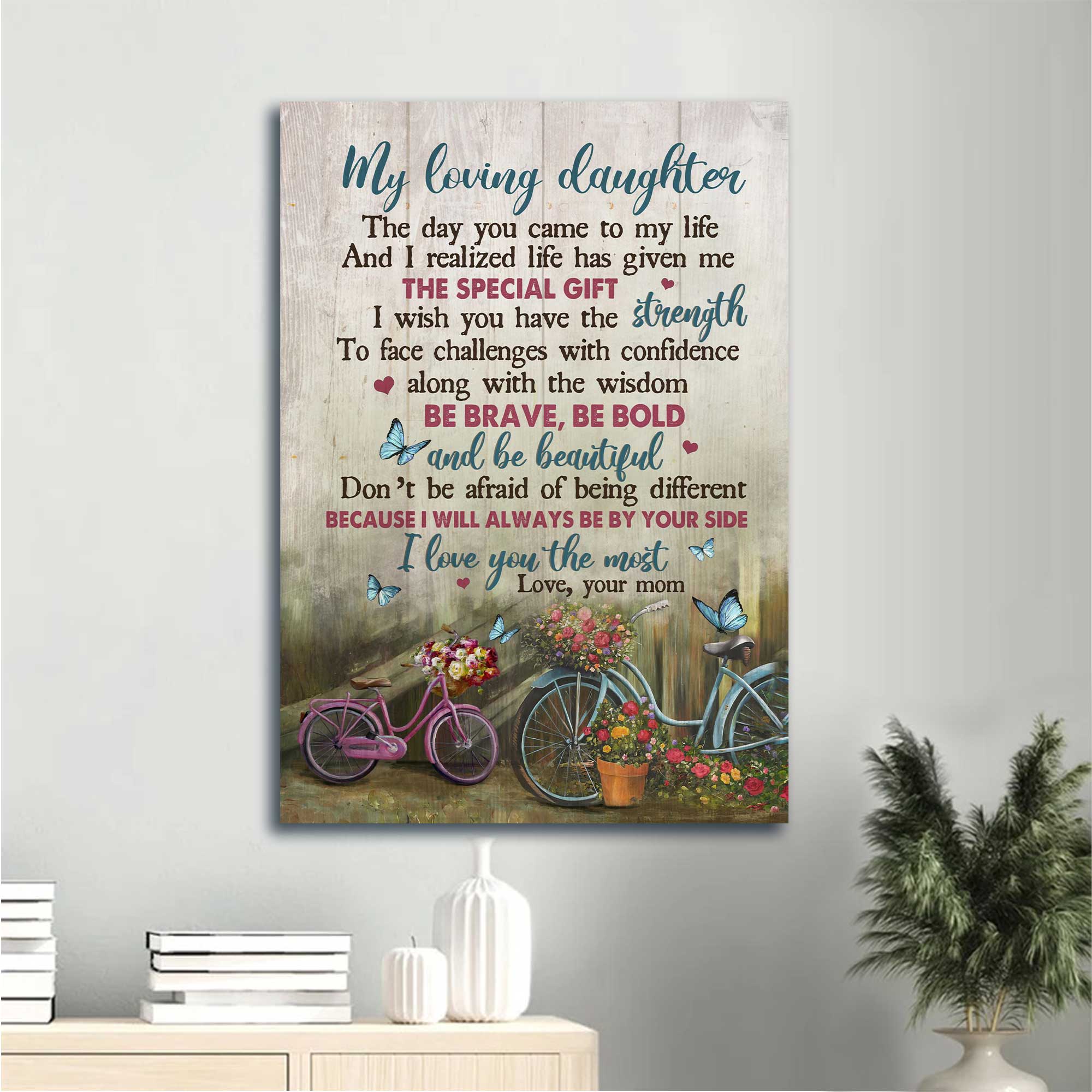 Gift for Daughter- Mom to daughter, Vintage bicycle, Flower vase, I will always be by your side - Family Portrait Canvas Prints, Wall Art