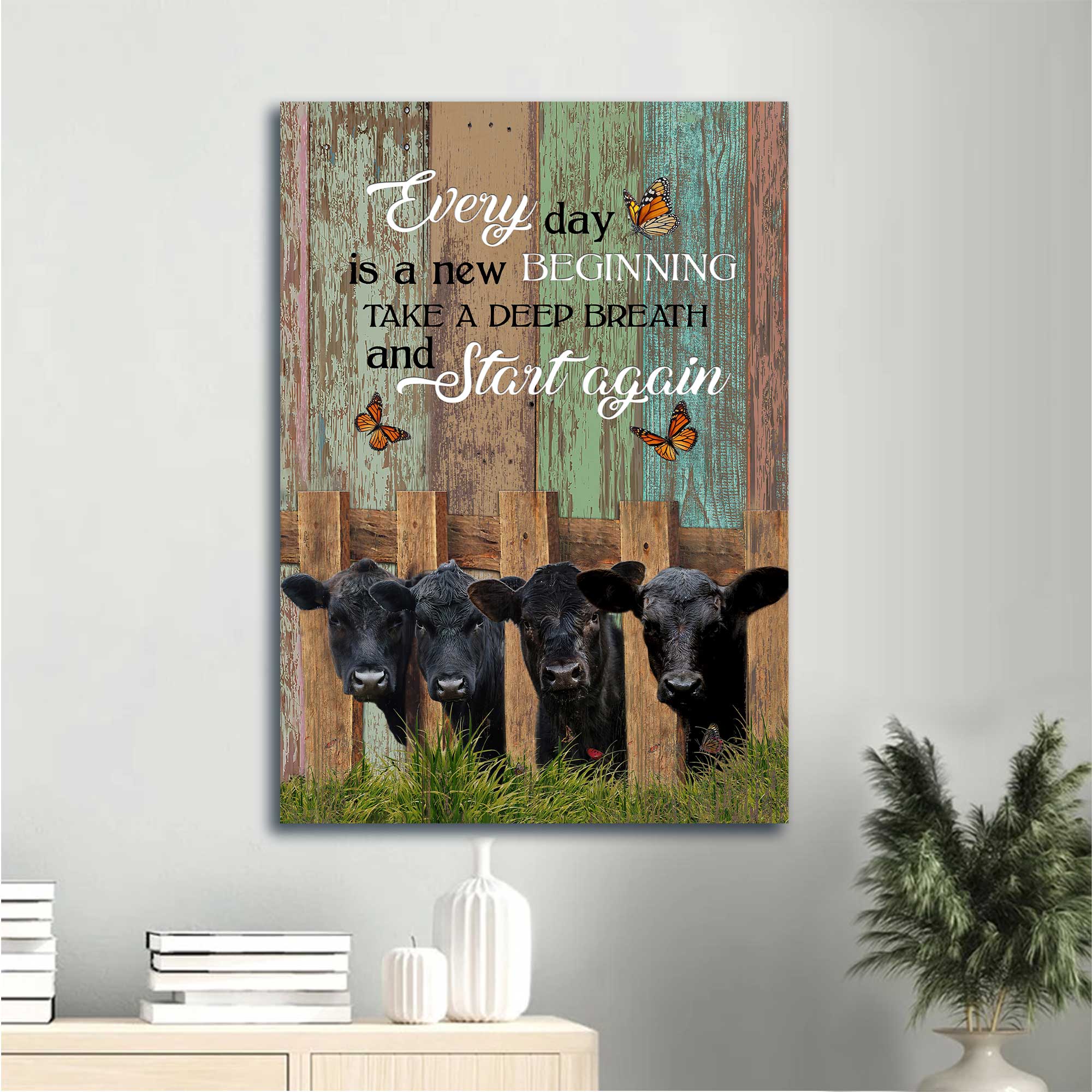 Jesus Portrait Canvas - Wooden Fence, Angus Cow, Orange Butterfly Canvas - Gift For Christian - Everyday Is A New Beginning Canvas