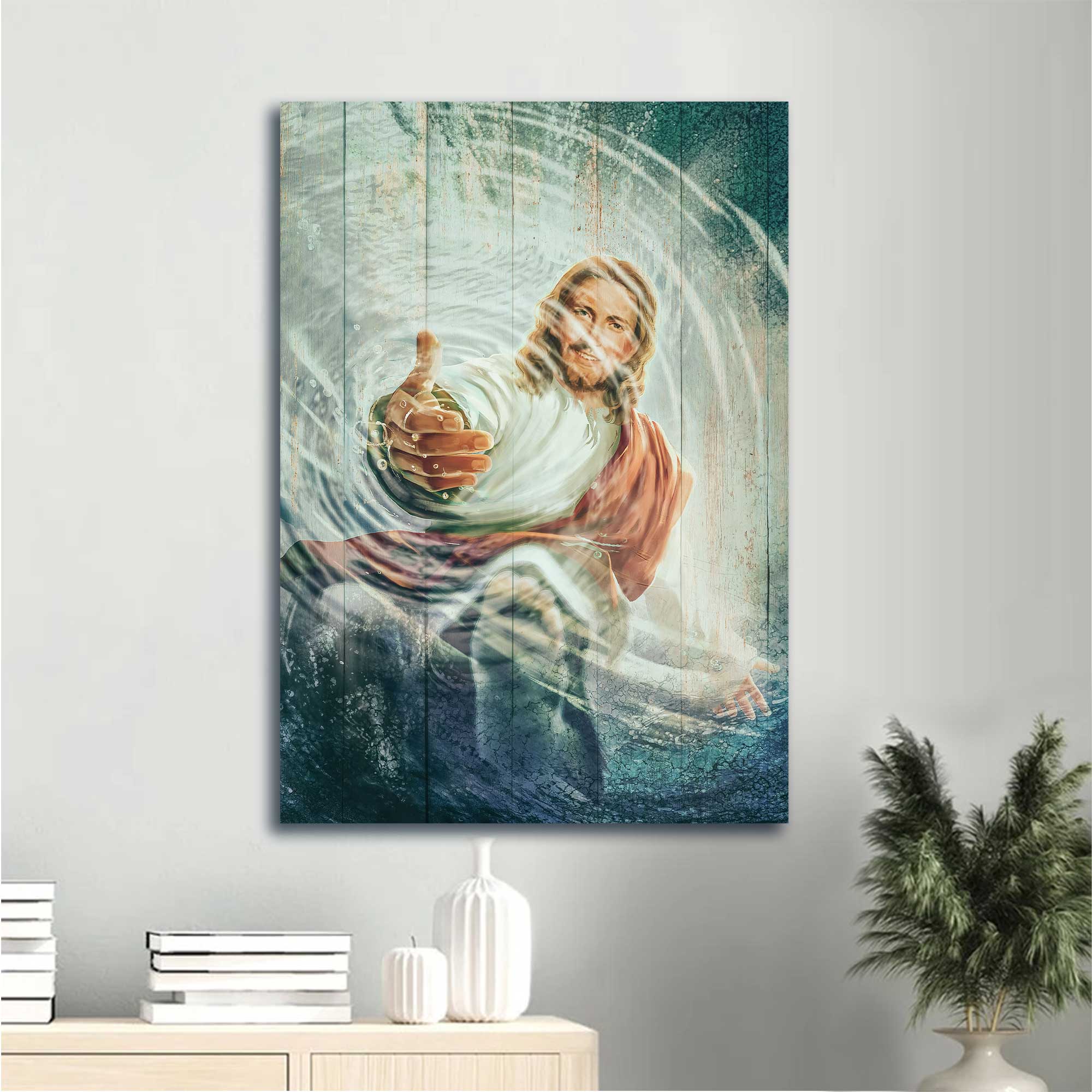 Jesus Portrait Canvas - The Hand Of God, Take His Hand Through The Water Canvas - Gift For Christian