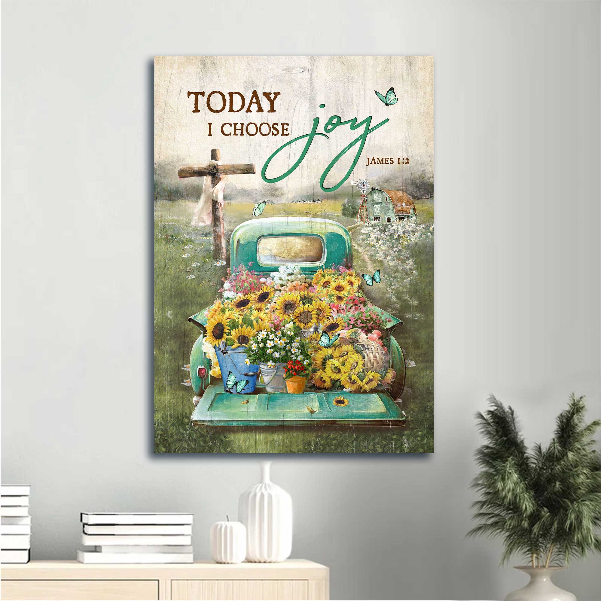 Jesus Portrait Canvas - Sunflower Car, Flower Field, Wooden Cross Canvas - Gift For Christian - Today I Choose Joy Canvas